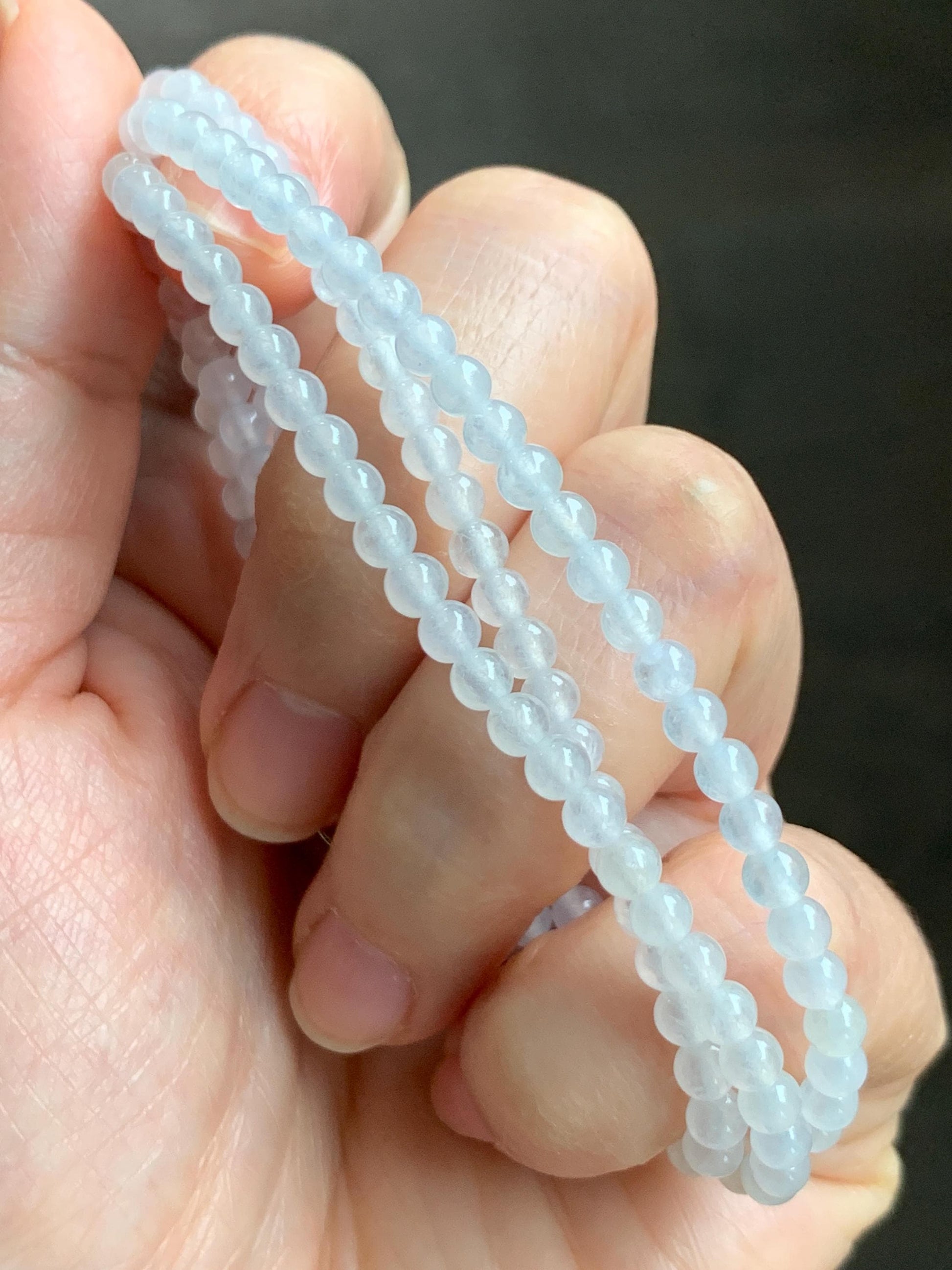 Certified Grade A Natural Icy Highly Translucent Pure White Jade Jadeite Beaded Necklace with Charm 3.7mm 21.75” 14.5g 天然冰起光翡翠圆珠项链 466