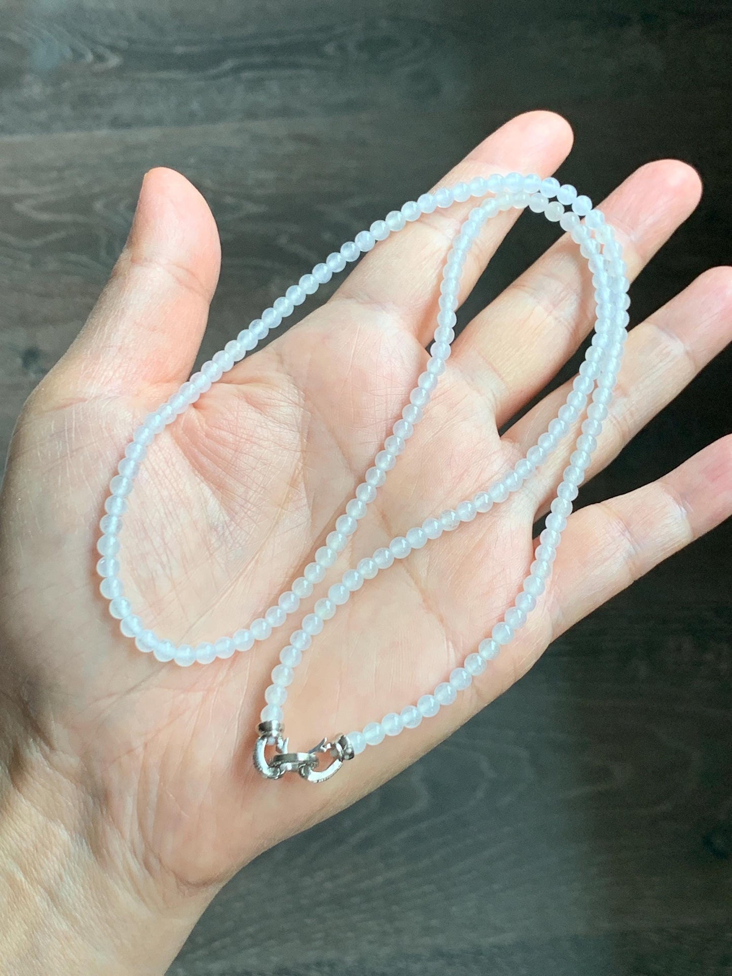 Certified Grade A Natural Icy Highly Translucent Pure White Jade Jadeite Beaded Necklace with Charm 3.7mm 21.75” 14.5g 天然冰起光翡翠圆珠项链 466