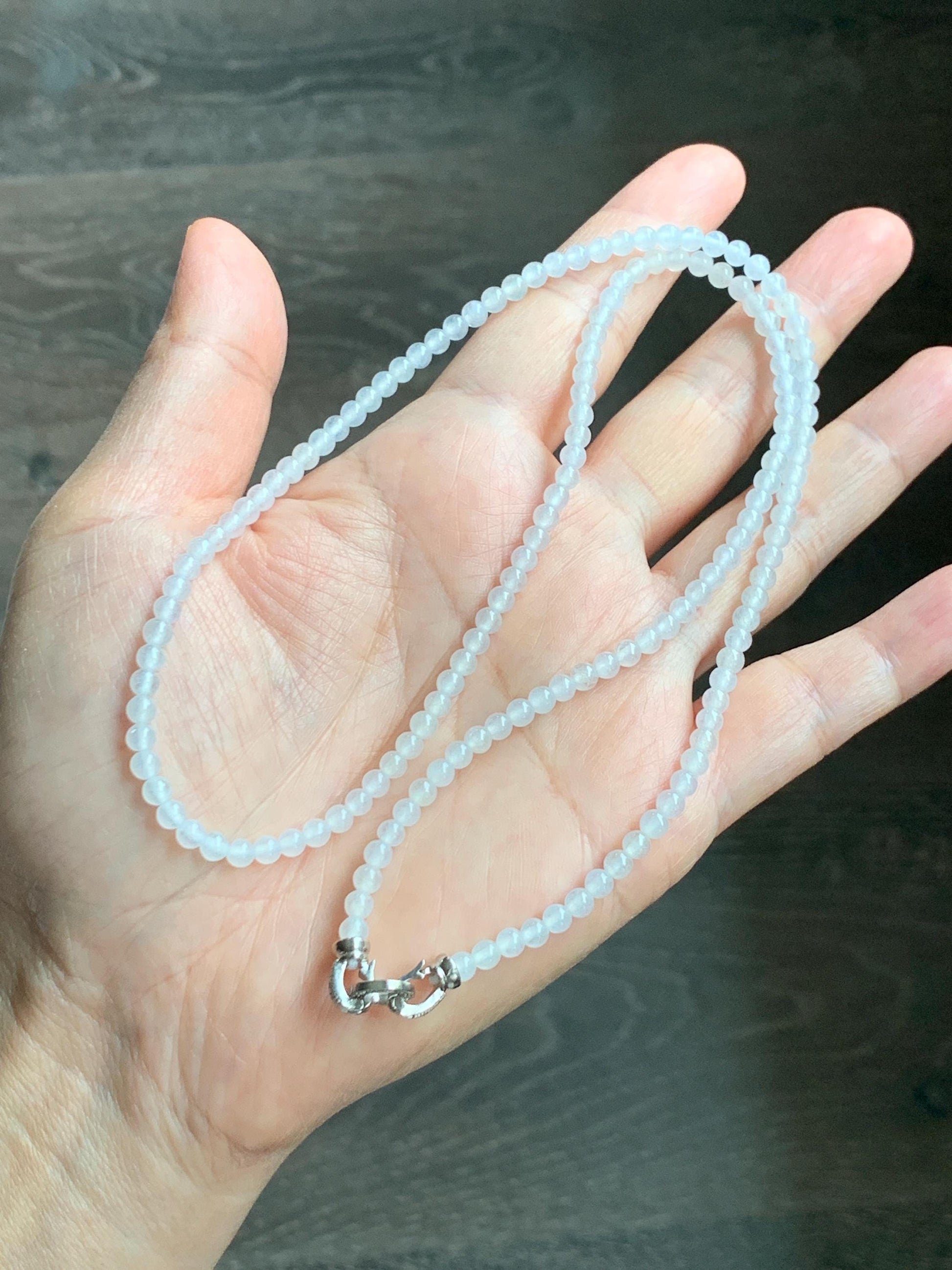 Certified Grade A Natural Icy Highly Translucent Pure White Jade Jadeite Beaded Necklace with Charm 3.7mm 21.75” 14.5g 天然冰起光翡翠圆珠项链 466