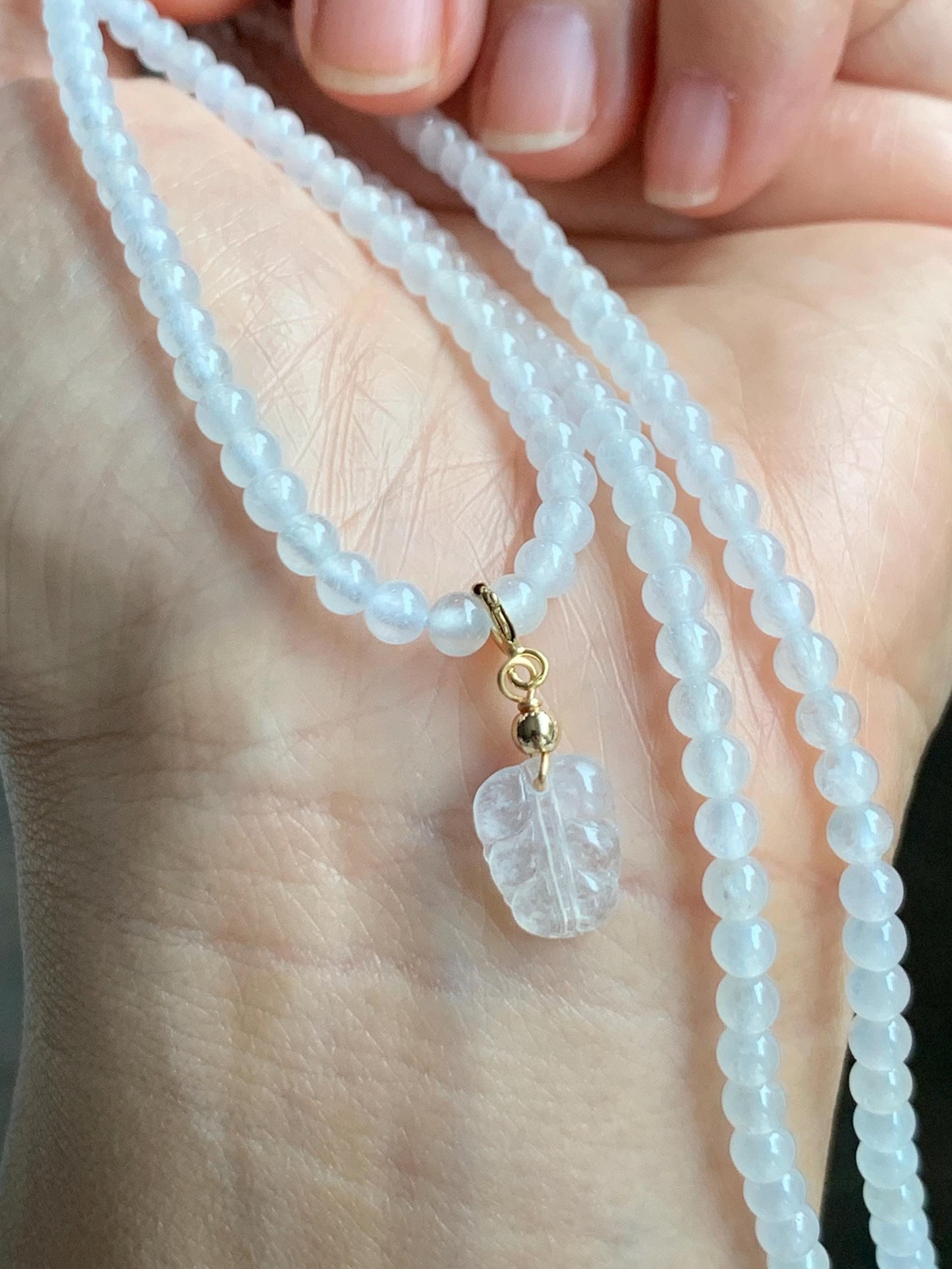 Certified Grade A Natural Icy Highly Translucent Pure White Jade Jadeite Beaded Necklace with Charm 3.7mm 21.75” 14.5g 天然冰起光翡翠圆珠项链 466