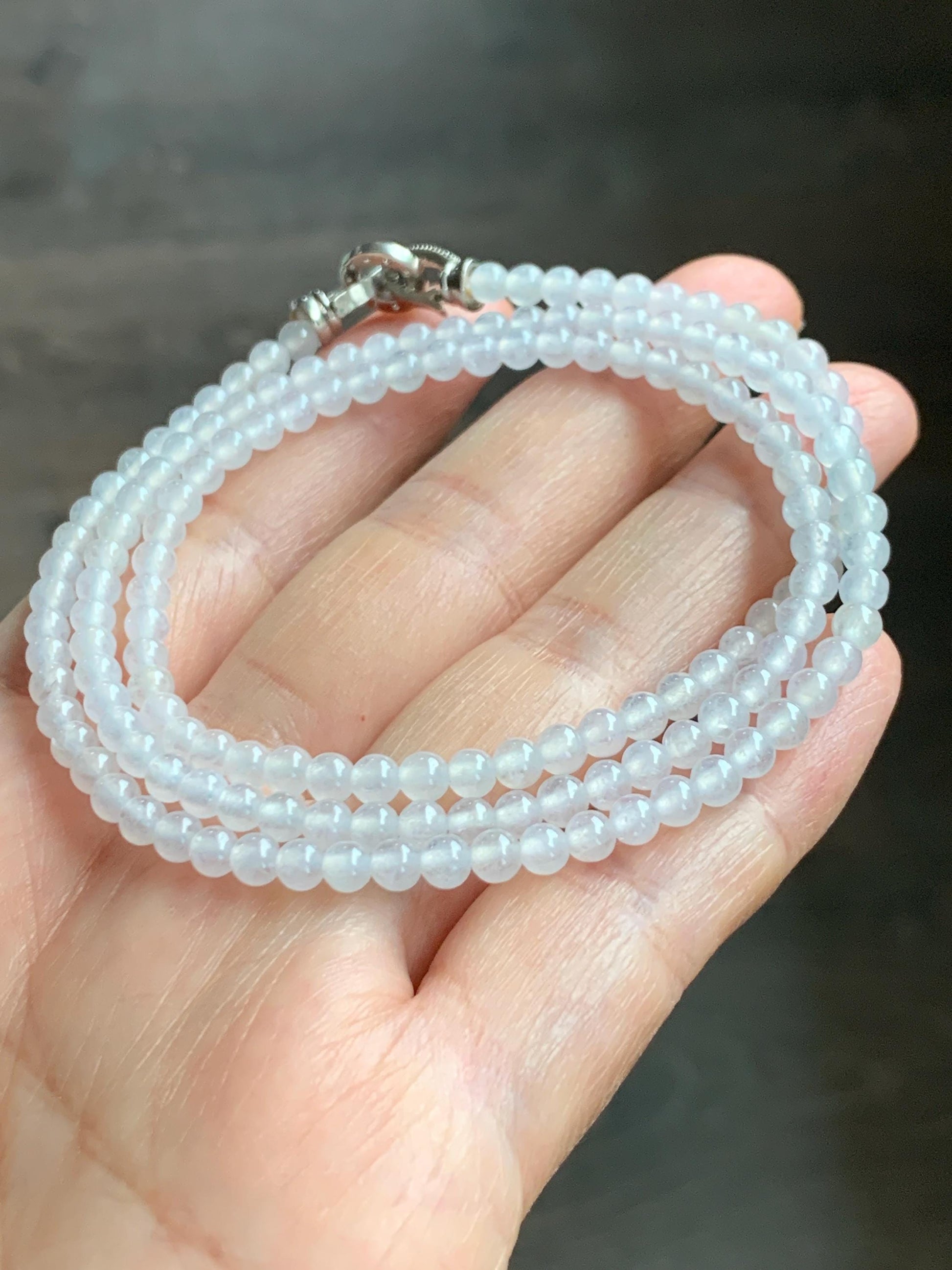 Certified Grade A Natural Icy Highly Translucent Pure White Jade Jadeite Beaded Necklace with Charm 3.7mm 21.75” 14.5g 天然冰起光翡翠圆珠项链 466