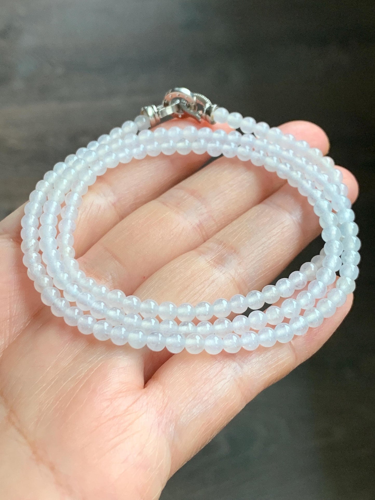 Certified Grade A Natural Icy Highly Translucent Pure White Jade Jadeite Beaded Necklace with Charm 3.7mm 21.75” 14.5g 天然冰起光翡翠圆珠项链 466