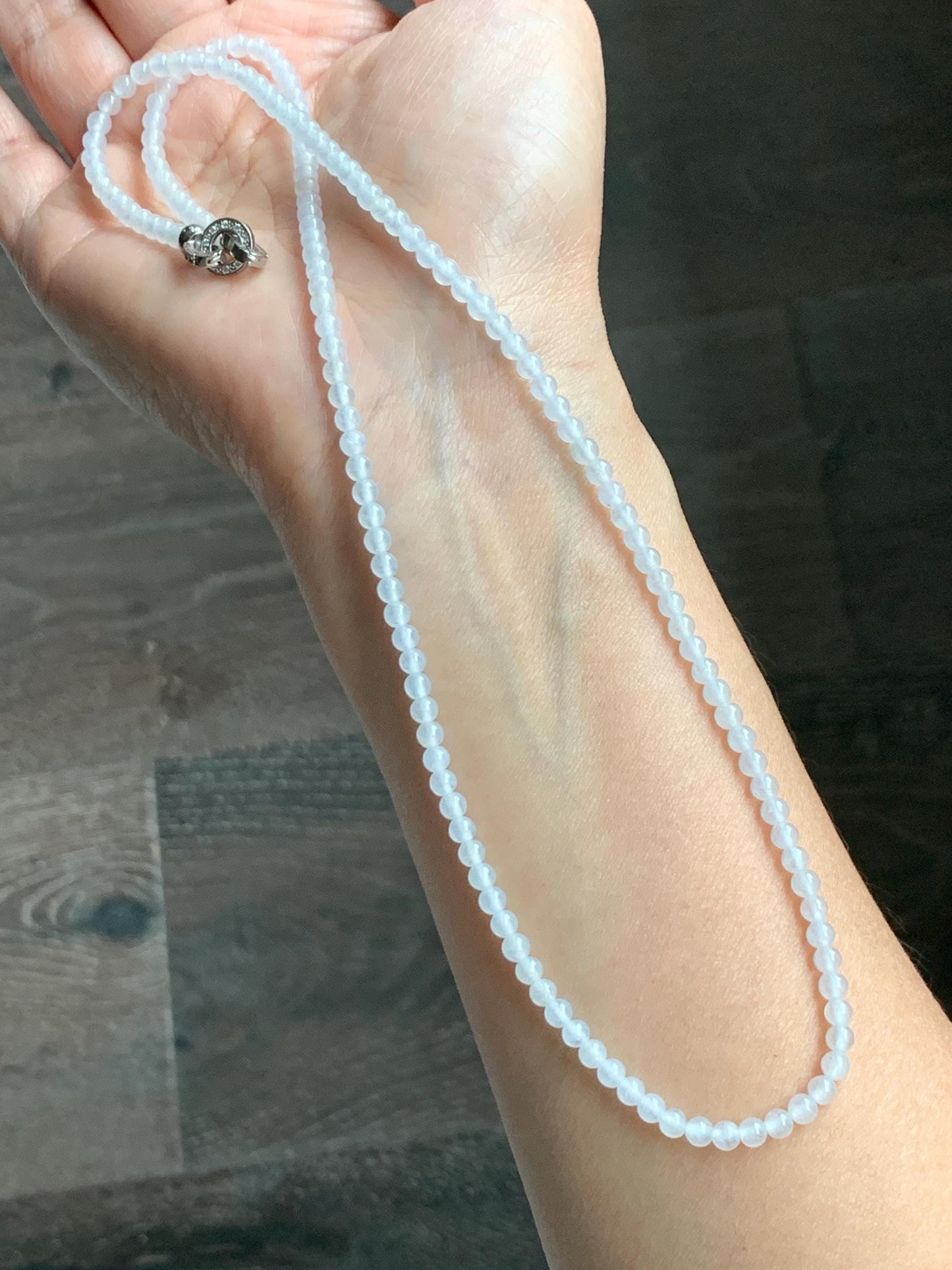 Certified Grade A Natural Icy Highly Translucent Pure White Jade Jadeite Beaded Necklace with Charm 3.7mm 21.75” 14.5g 天然冰起光翡翠圆珠项链 466