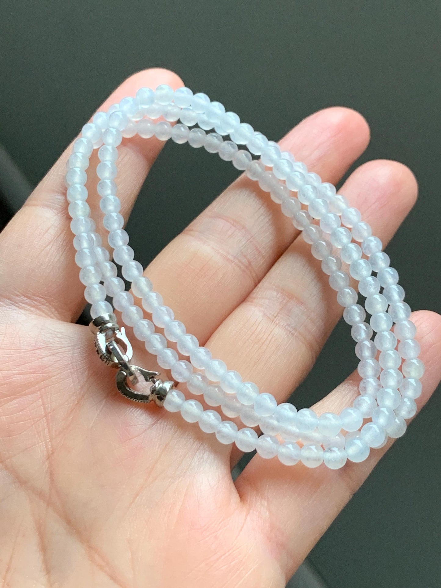 Certified Grade A Natural Icy Highly Translucent Pure White Jade Jadeite Beaded Necklace with Charm 3.7mm 21.75” 14.5g 天然冰起光翡翠圆珠项链 466