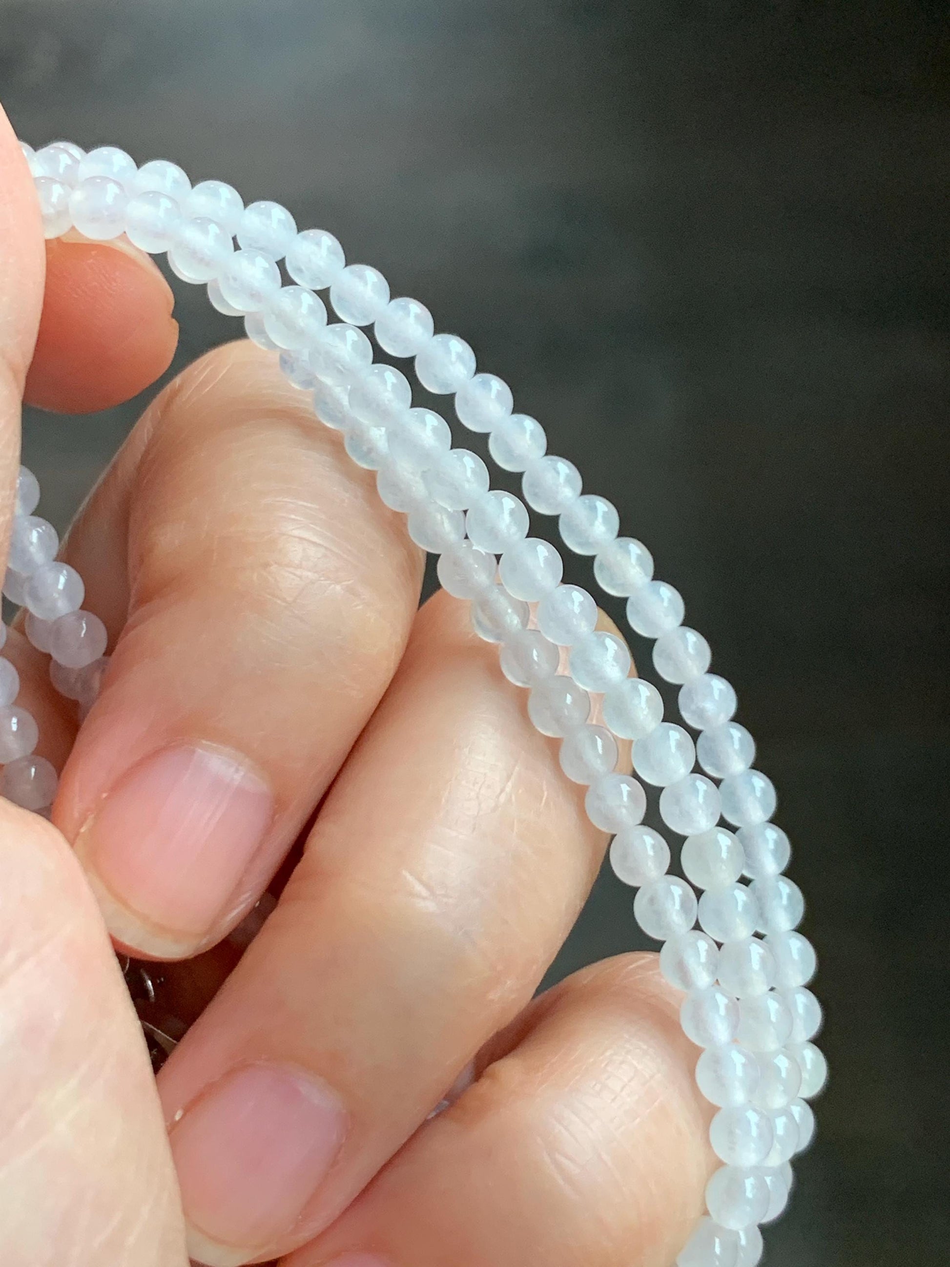 Certified Grade A Natural Icy Highly Translucent Pure White Jade Jadeite Beaded Necklace with Charm 3.7mm 21.75” 14.5g 天然冰起光翡翠圆珠项链 466