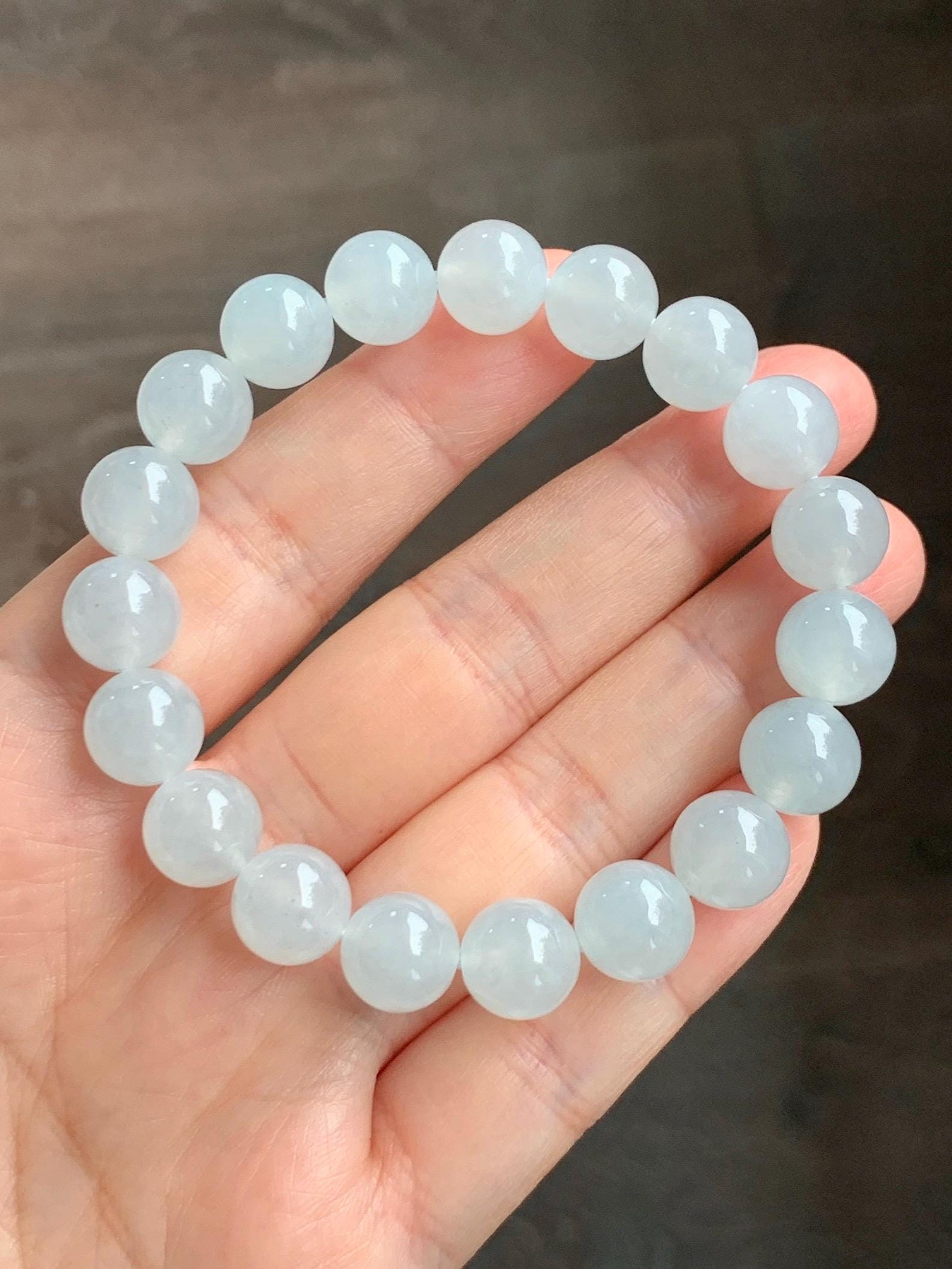 Certified Natural Grade A Icy Highly Translucent Gelatinous White Jade Jadeite Large Beads Beaded Bracelet 10mm 7” 33.5g 天然白冰胶翡翠大卡手串 467