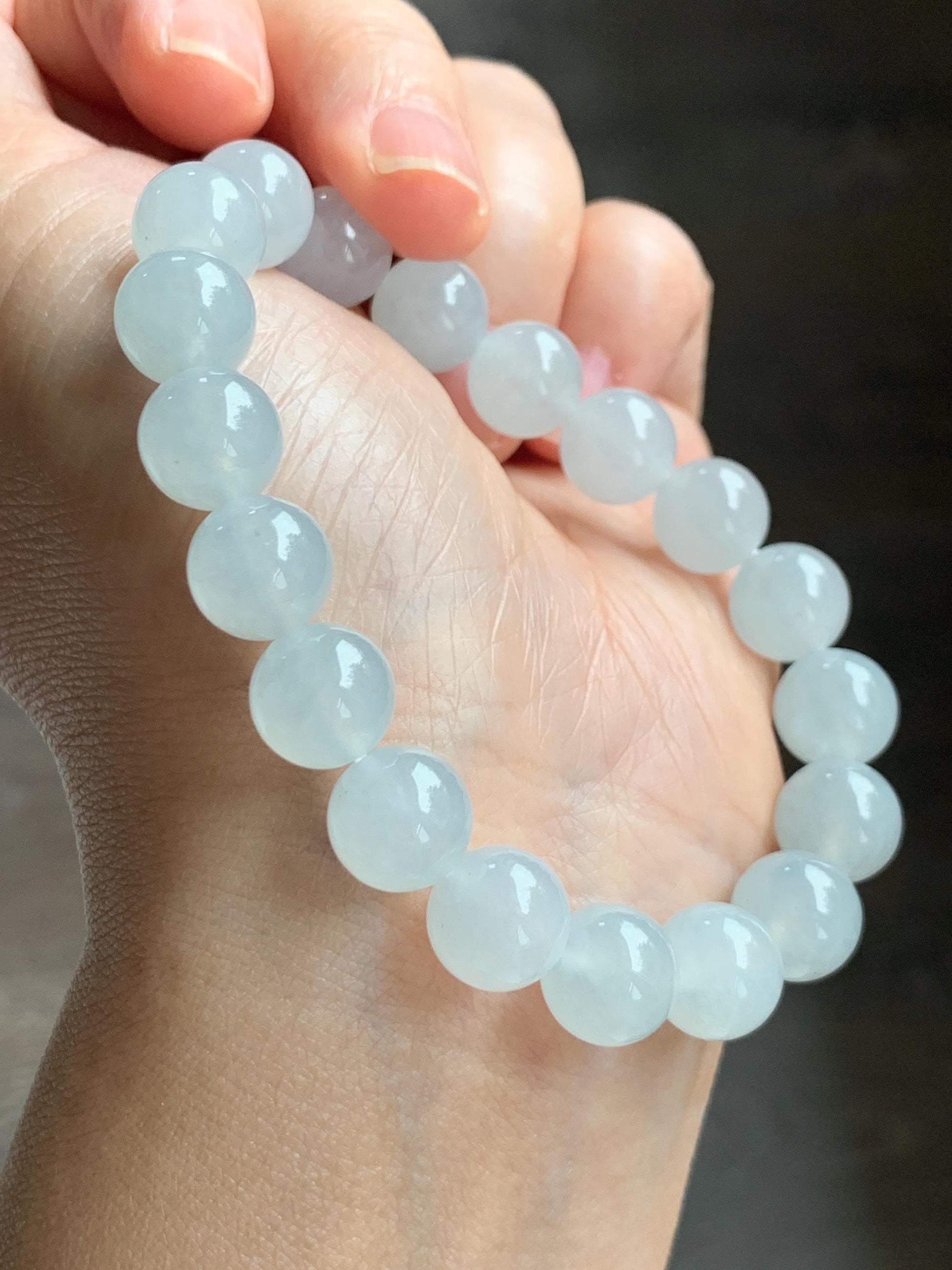 Certified Natural Grade A Icy Highly Translucent Gelatinous White Jade Jadeite Large Beads Beaded Bracelet 10mm 7” 33.5g 天然白冰胶翡翠大卡手串 467