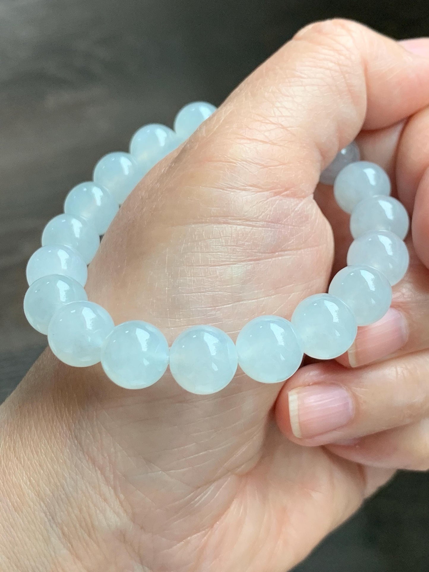 Certified Natural Grade A Icy Highly Translucent Gelatinous White Jade Jadeite Large Beads Beaded Bracelet 10mm 7” 33.5g 天然白冰胶翡翠大卡手串 467