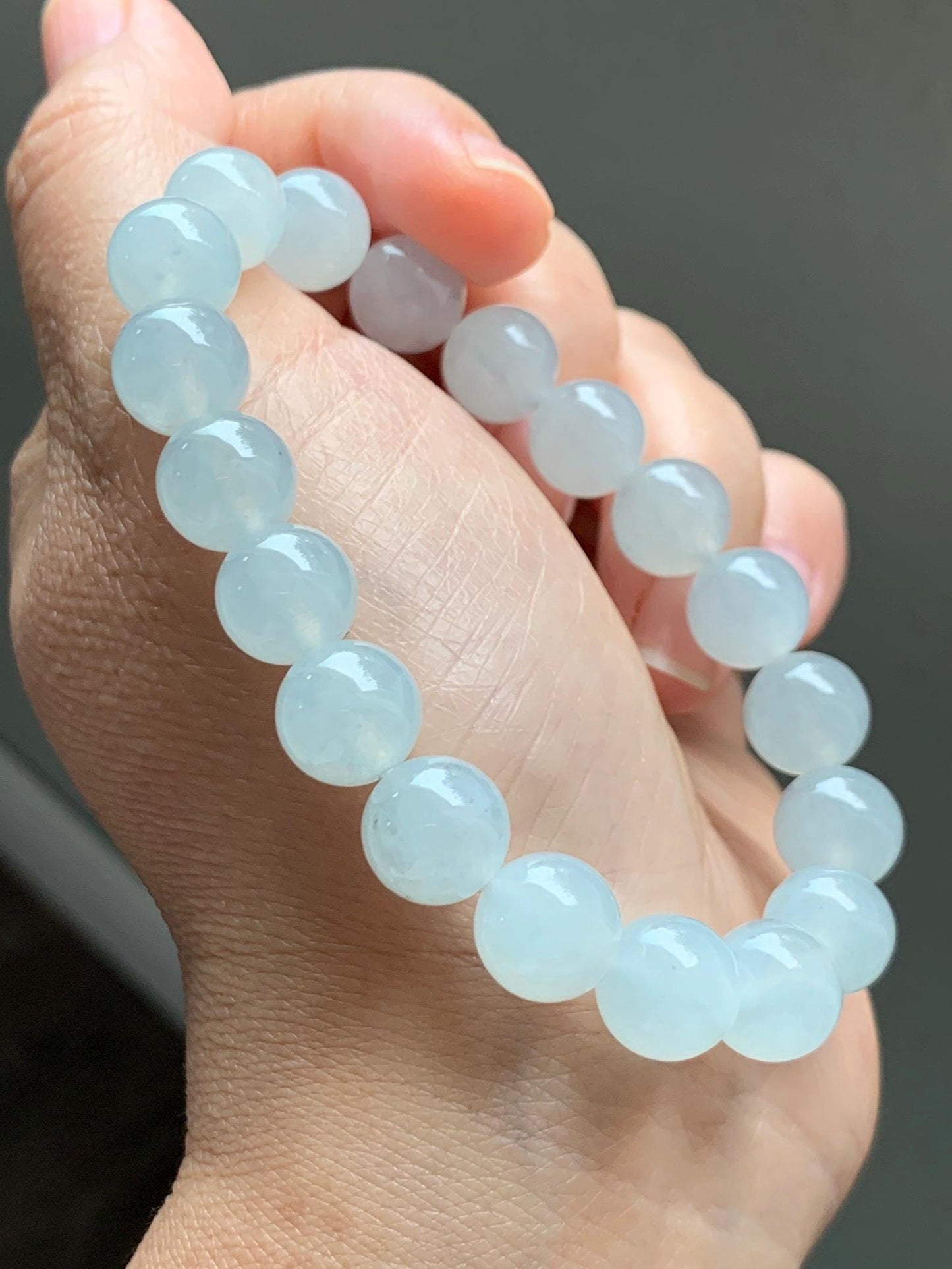 Certified Natural Grade A Icy Highly Translucent Gelatinous White Jade Jadeite Large Beads Beaded Bracelet 10mm 7” 33.2g 天然白冰胶蓝底翡翠大卡手串 460