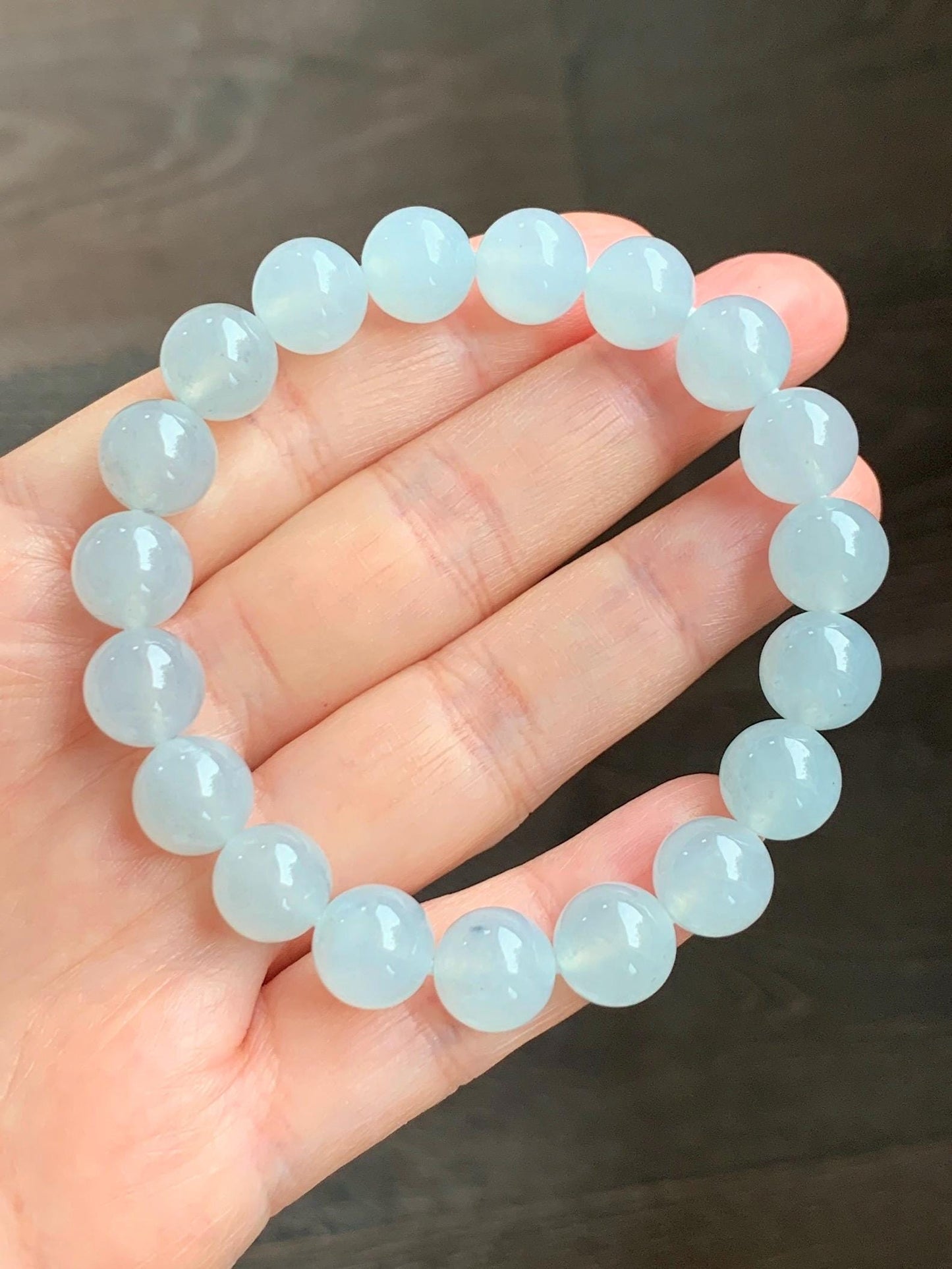 Certified Natural Grade A Icy Highly Translucent Gelatinous White Jade Jadeite Large Beads Beaded Bracelet 10mm 7” 33.2g 天然白冰胶蓝底翡翠大卡手串 460
