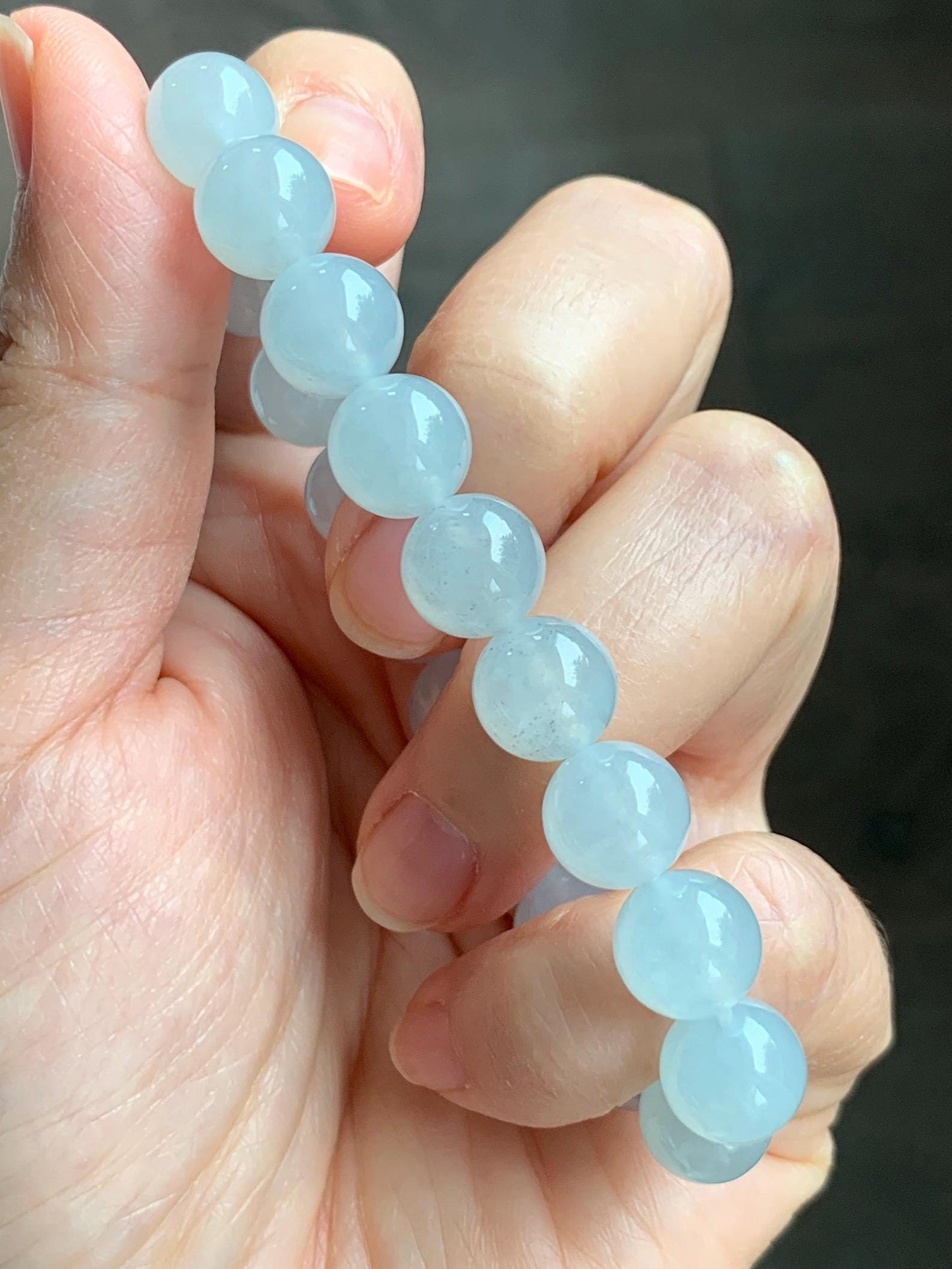 Certified Natural Grade A Icy Highly Translucent Gelatinous White Jade Jadeite Large Beads Beaded Bracelet 10mm 7” 33.2g 天然白冰胶蓝底翡翠大卡手串 460