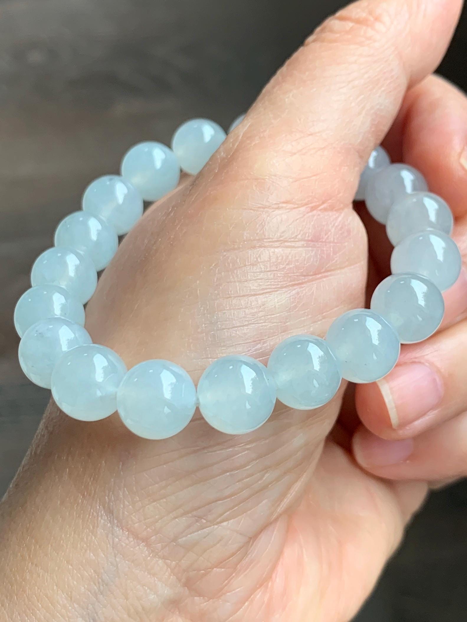 Certified Natural Grade A Icy Highly Translucent Gelatinous White Jade Jadeite Large Beads Beaded Bracelet 10mm 7” 33.2g 天然白冰胶蓝底翡翠大卡手串 460