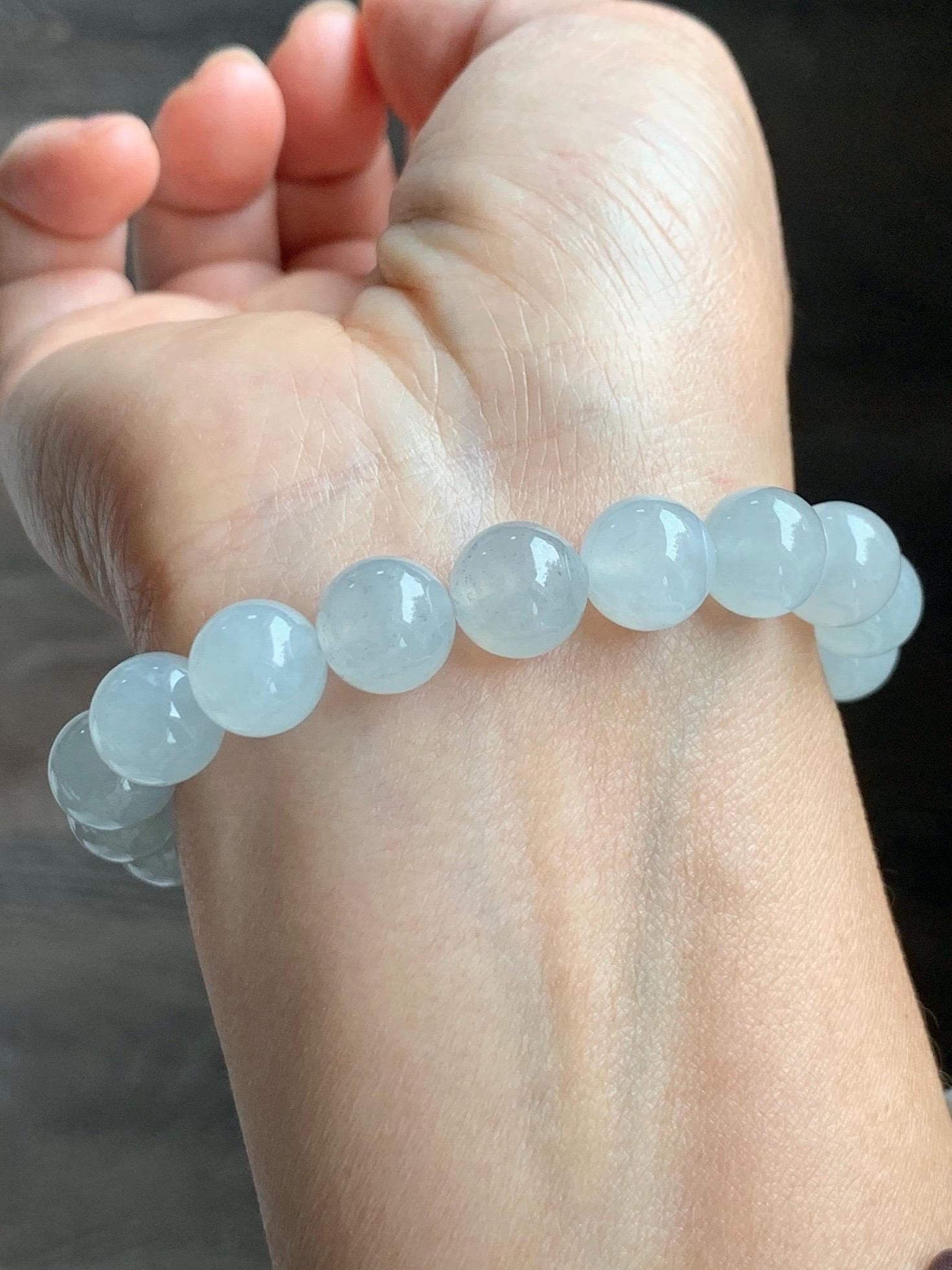 Certified Natural Grade A Icy Highly Translucent Gelatinous White Jade Jadeite Large Beads Beaded Bracelet 10mm 7” 33.2g 天然白冰胶蓝底翡翠大卡手串 460