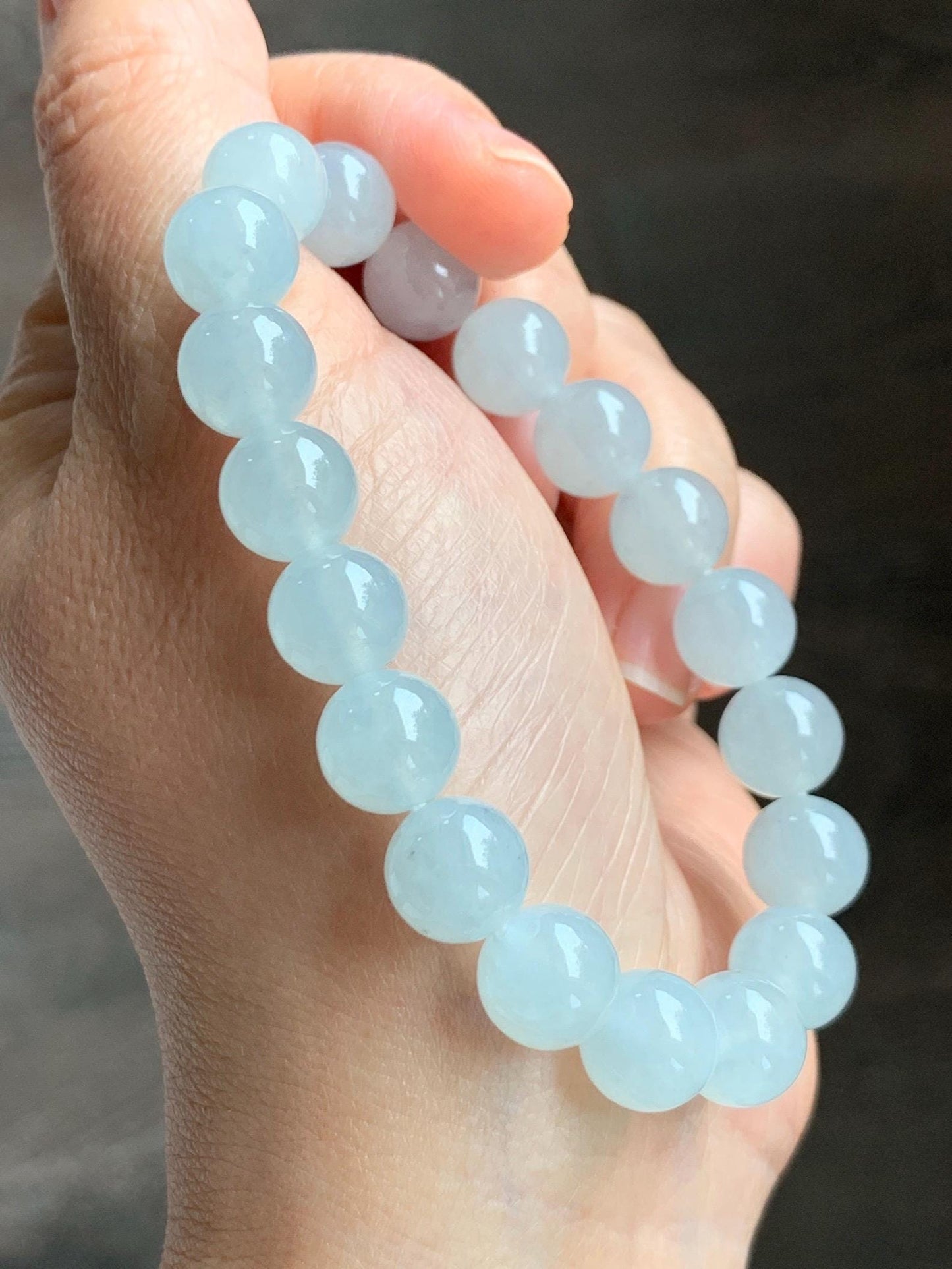 Certified Natural Grade A Icy Highly Translucent Gelatinous White Jade Jadeite Large Beads Beaded Bracelet 10mm 7” 33.2g 天然白冰胶蓝底翡翠大卡手串 460