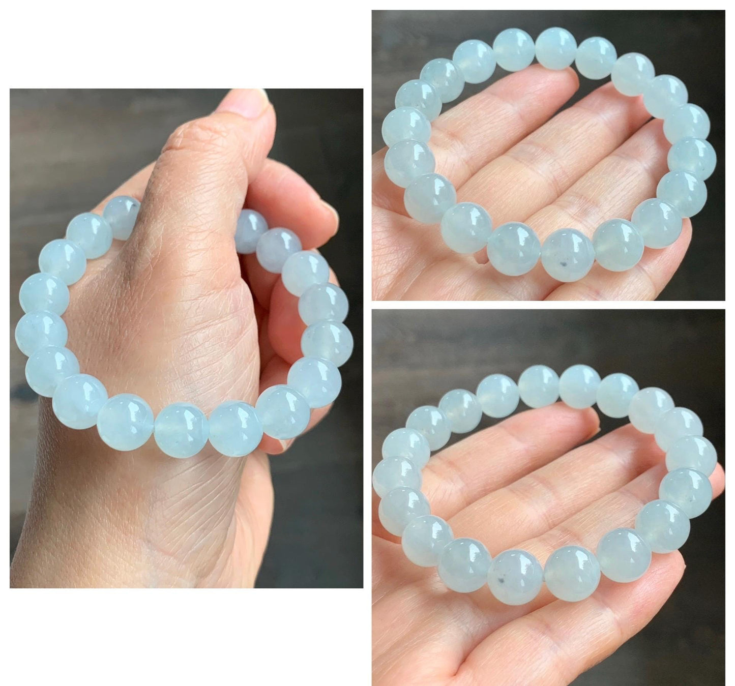 Certified Natural Grade A Icy Highly Translucent Gelatinous White Jade Jadeite Large Beads Beaded Bracelet 10mm 7” 33.2g 天然白冰胶蓝底翡翠大卡手串 460