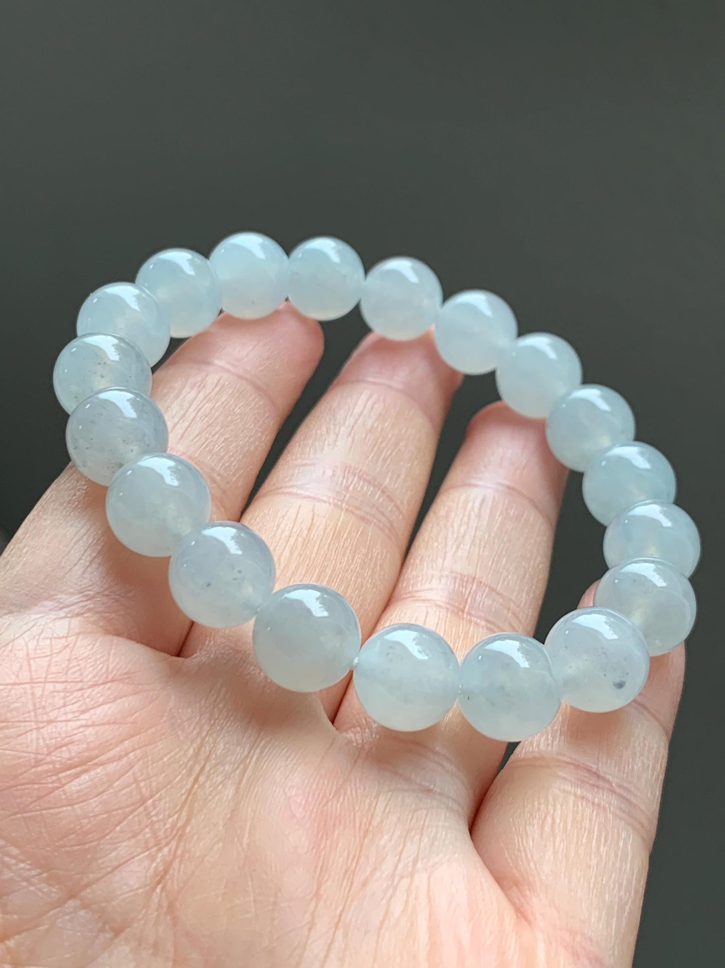 Certified Natural Grade A Icy Highly Translucent Gelatinous White Jade Jadeite Large Beads Beaded Bracelet 10mm 7” 33.2g 天然白冰胶蓝底翡翠大卡手串 460