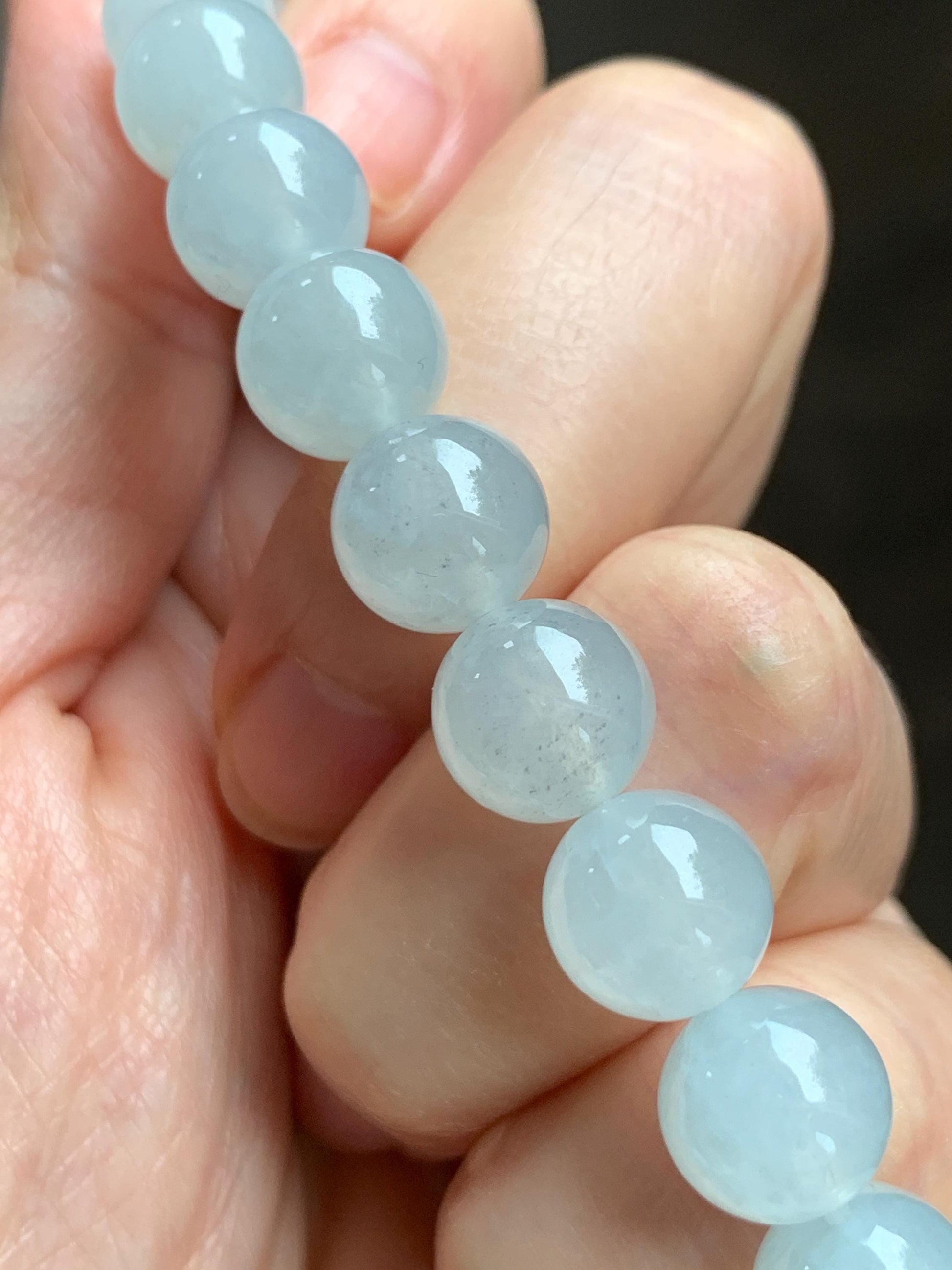 Certified Natural Grade A Icy Highly Translucent Gelatinous White Jade Jadeite Large Beads Beaded Bracelet 10mm 7” 33.2g 天然白冰胶蓝底翡翠大卡手串 460