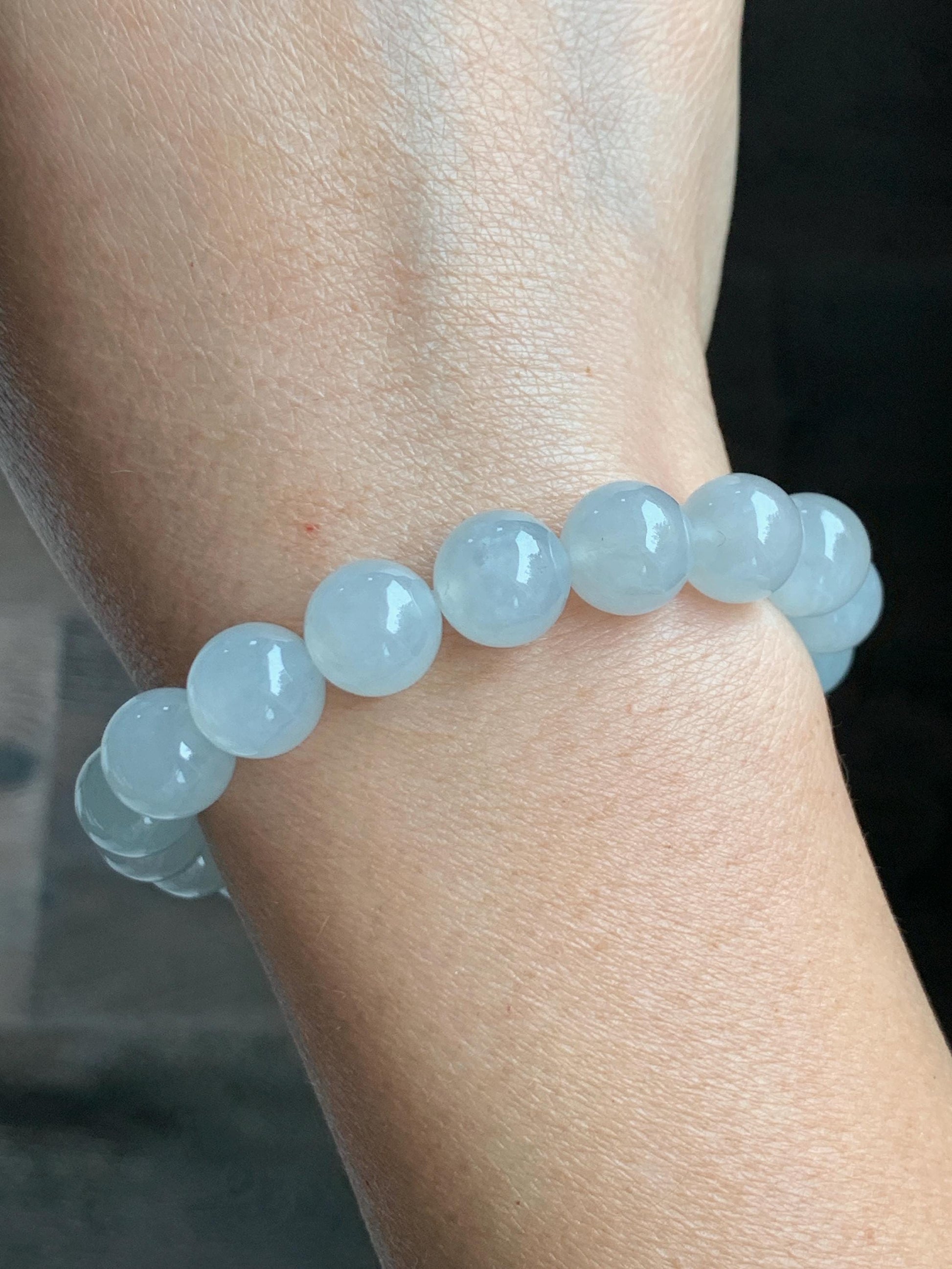 Certified Natural Grade A Icy Highly Translucent Gelatinous White Jade Jadeite Large Beads Beaded Bracelet 10mm 7” 33.2g 天然白冰胶蓝底翡翠大卡手串 460