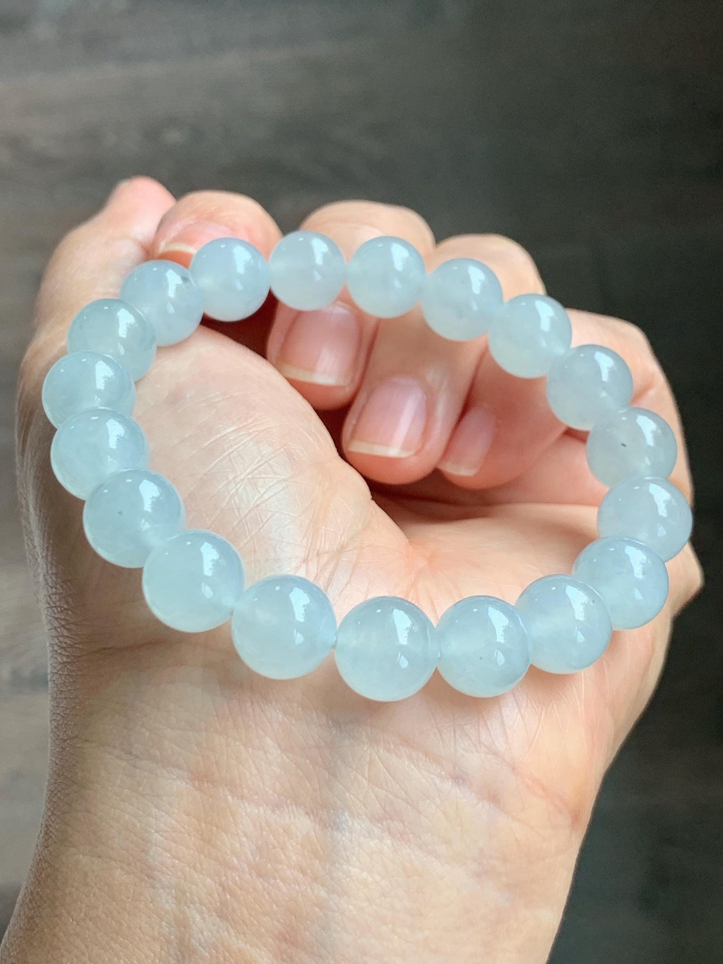Certified Natural Grade A Icy Highly Translucent Gelatinous White Jade Jadeite Large Beads Beaded Bracelet 10mm 7” 33.2g 天然白冰胶蓝底翡翠大卡手串 460