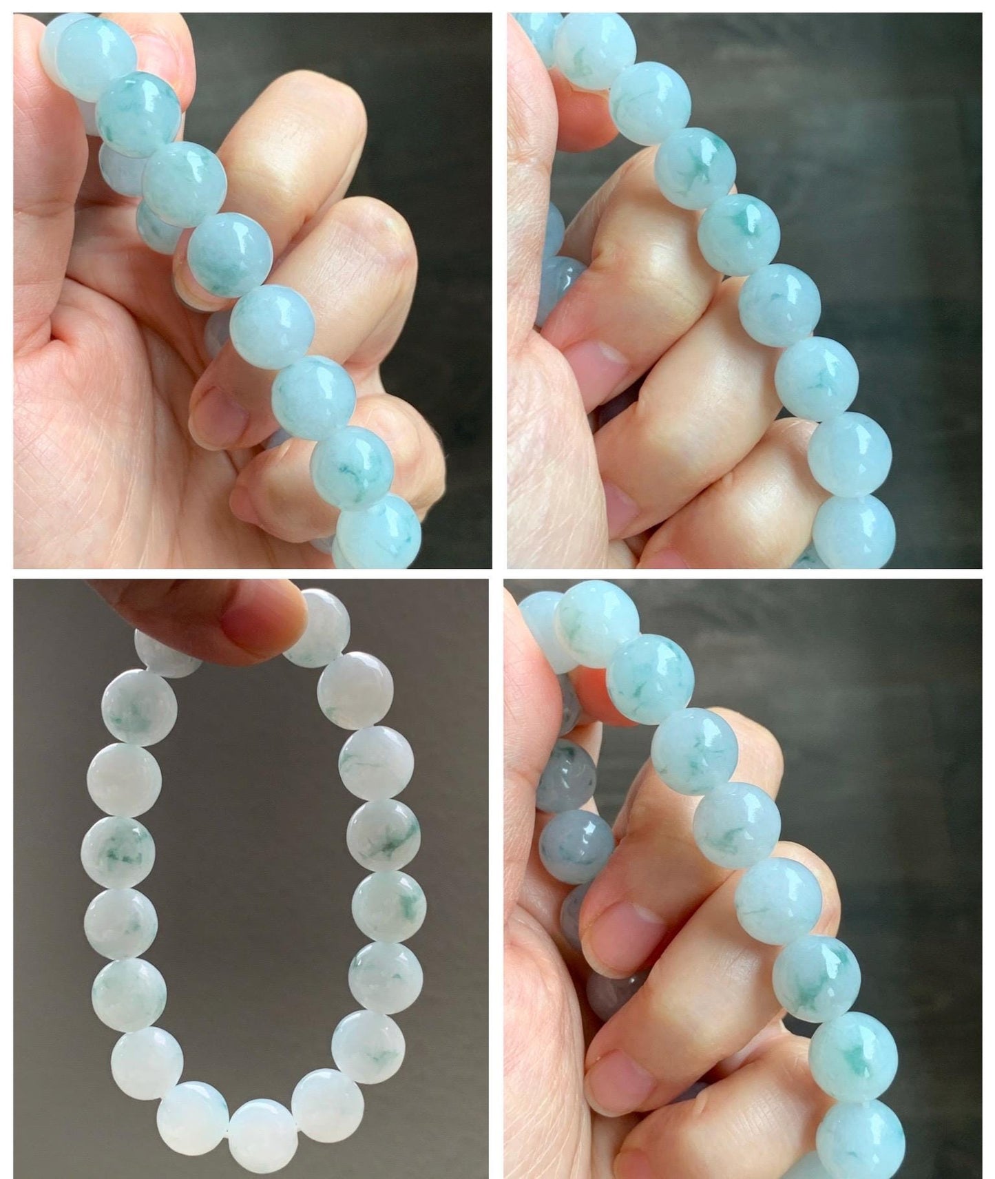 Certified Natural Grade A Icy Highly Translucent Green Marbled Jade Jadeite Large Beads Beaded Bracelet 11.8mm 8” 49g 天然白冰胶飘花翡翠大卡手串 453