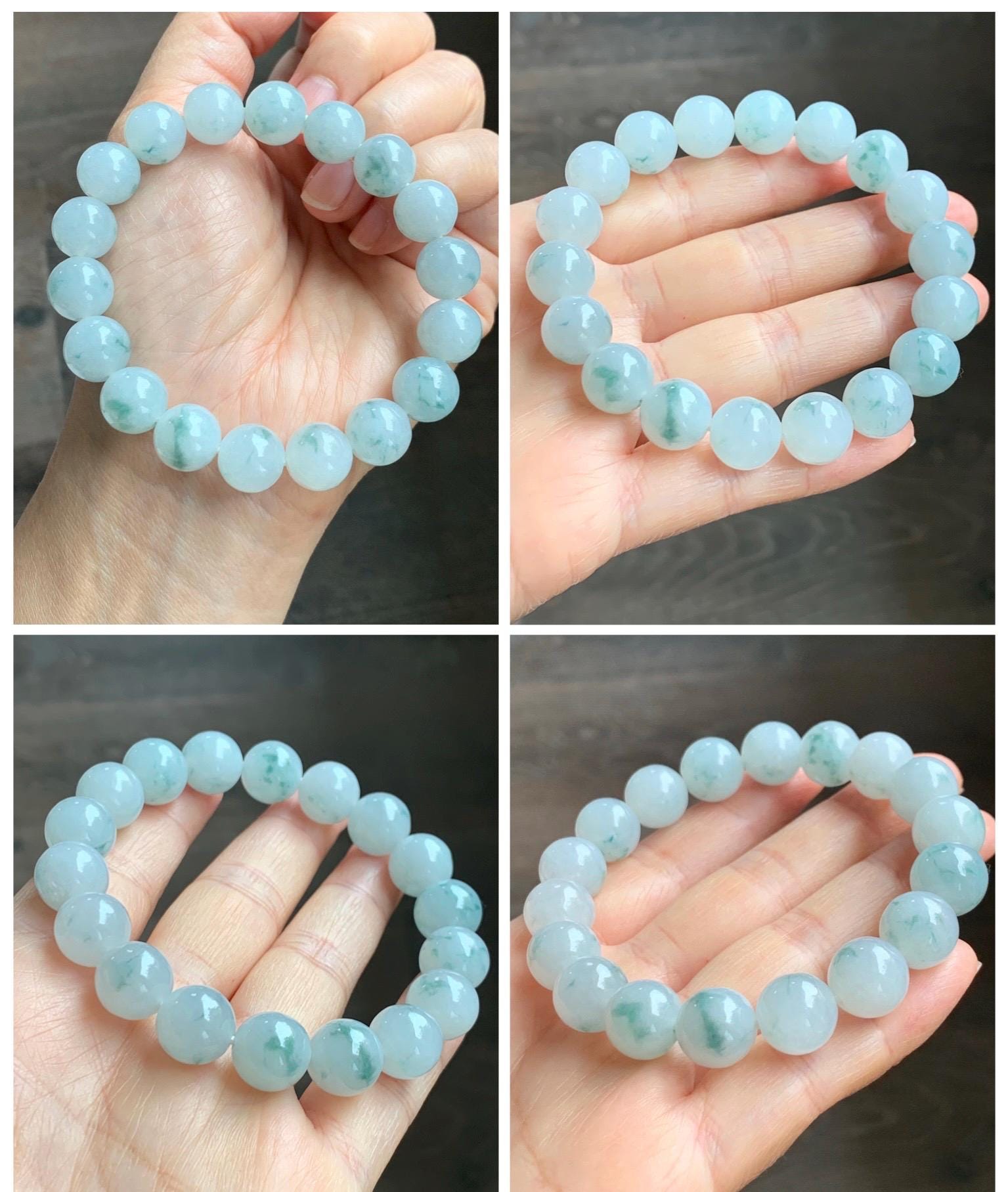 Certified Natural Grade A Icy Highly Translucent Green Marbled Jade Jadeite Large Beads Beaded Bracelet 11.8mm 8” 49g 天然白冰胶飘花翡翠大卡手串 453