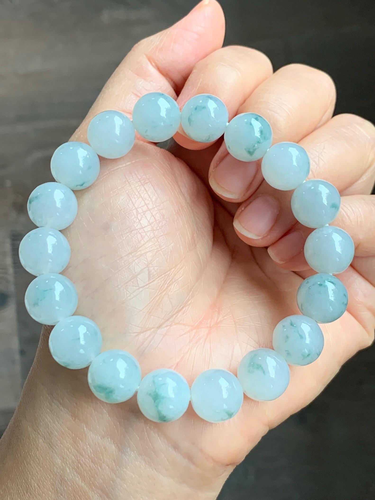 Certified Natural Grade A Icy Highly Translucent Green Marbled Jade Jadeite Large Beads Beaded Bracelet 11.8mm 8” 49g 天然白冰胶飘花翡翠大卡手串 453