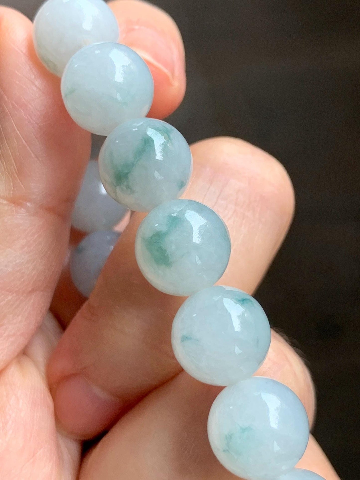 Certified Natural Grade A Icy Highly Translucent Green Marbled Jade Jadeite Large Beads Beaded Bracelet 11.8mm 8” 49g 天然白冰胶飘花翡翠大卡手串 453