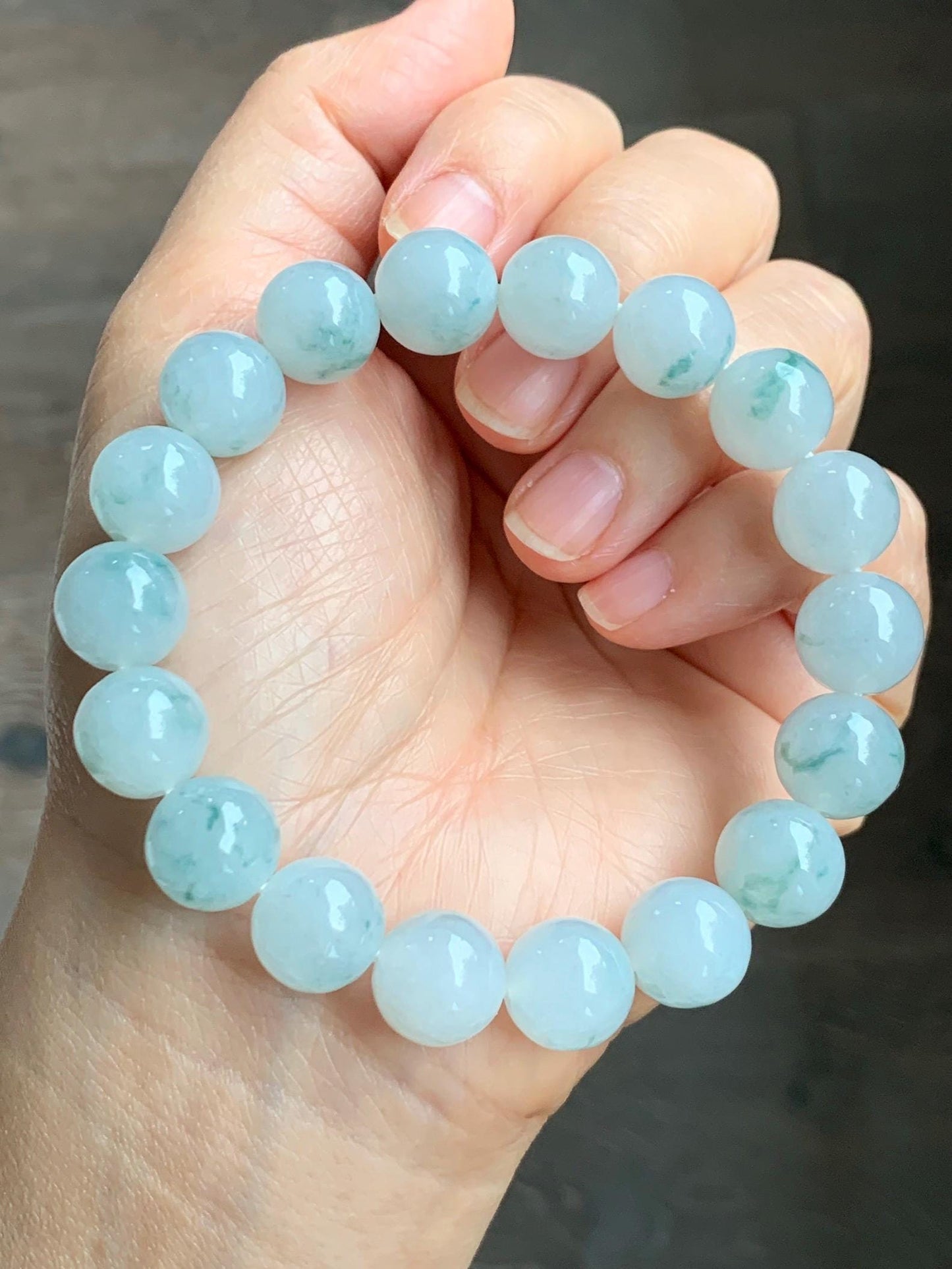 Certified Natural Grade A Icy Highly Translucent Green Marbled Jade Jadeite Large Beads Beaded Bracelet 11.8mm 8” 49g 天然白冰胶飘花翡翠大卡手串 453