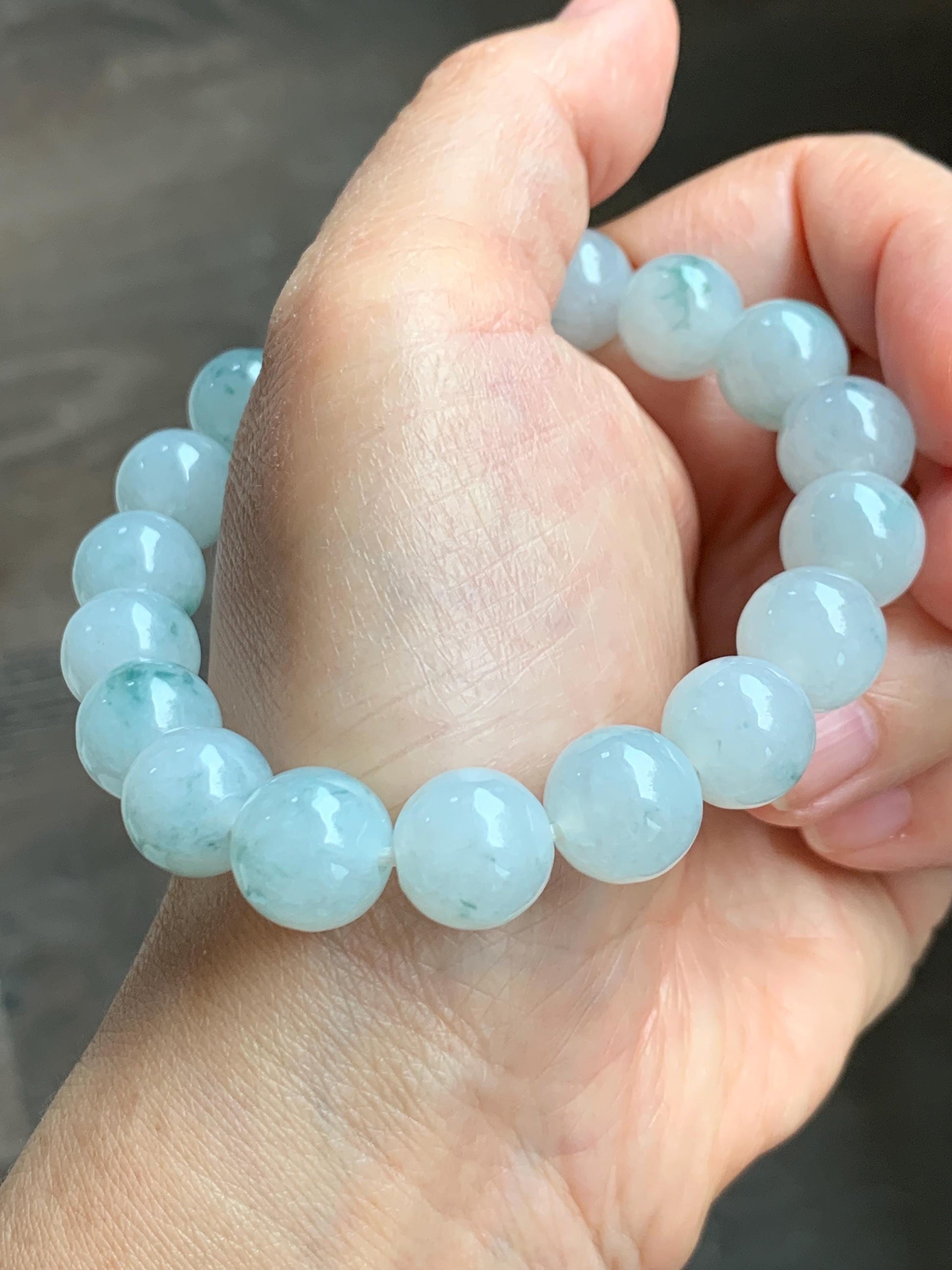 Certified Natural Grade A Icy Highly Translucent Green Marbled Jade Jadeite Large Beads Beaded Bracelet 11.8mm 8” 49g 天然白冰胶飘花翡翠大卡手串 453