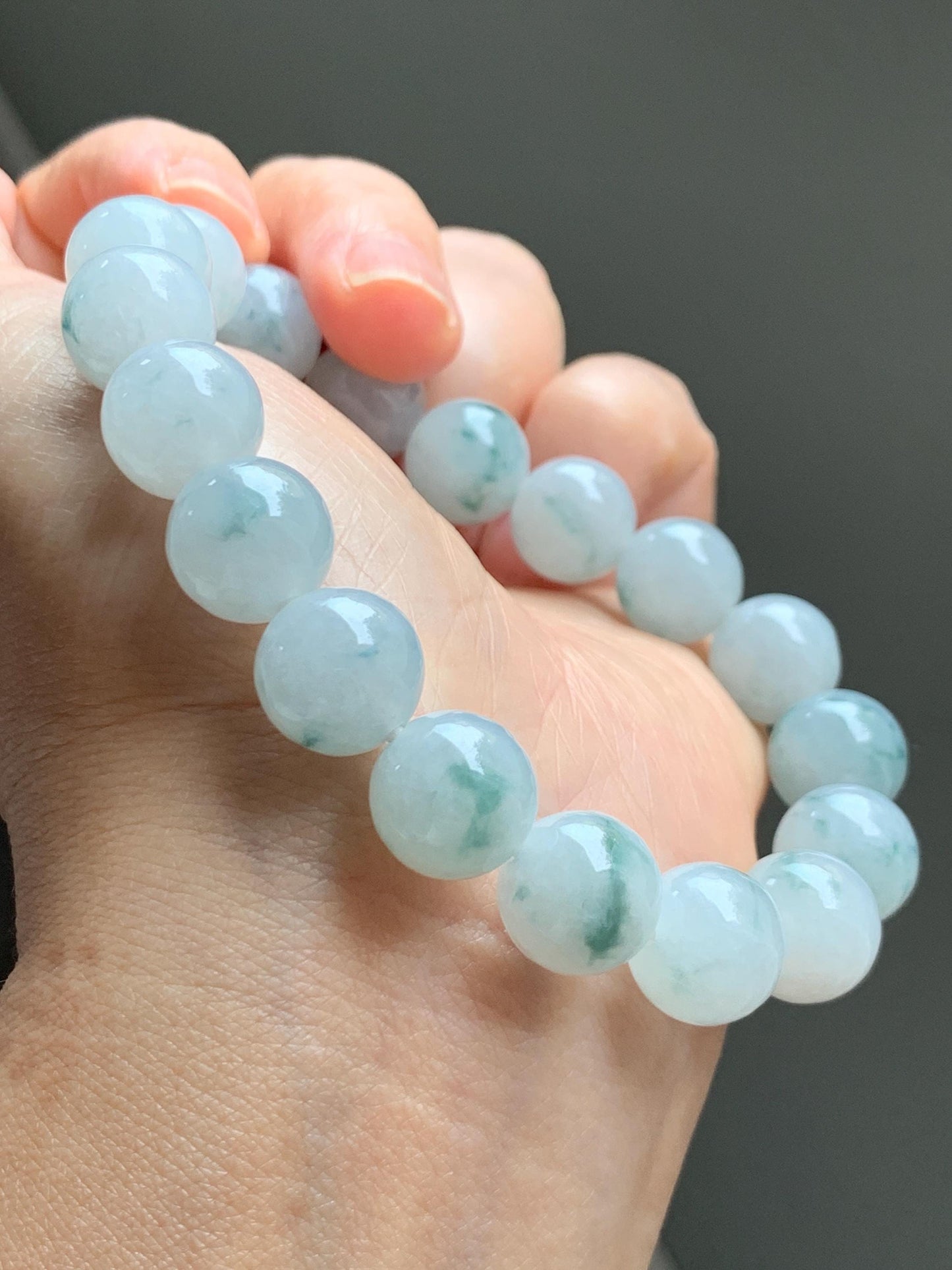 Certified Natural Grade A Icy Highly Translucent Green Marbled Jade Jadeite Large Beads Beaded Bracelet 11.8mm 8” 49g 天然白冰胶飘花翡翠大卡手串 453