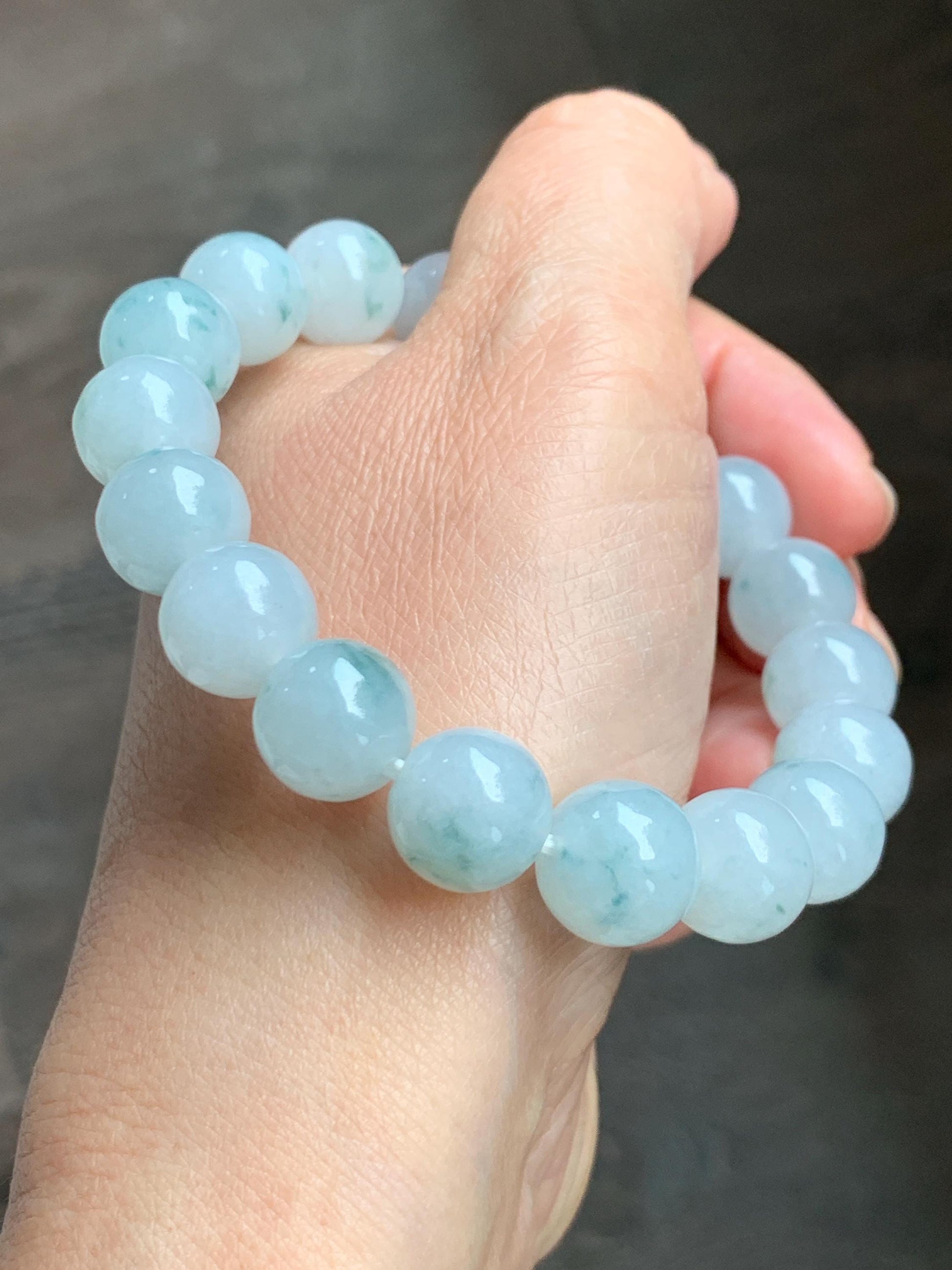 Certified Natural Grade A Icy Highly Translucent Green Marbled Jade Jadeite Large Beads Beaded Bracelet 11.8mm 8” 49g 天然白冰胶飘花翡翠大卡手串 453