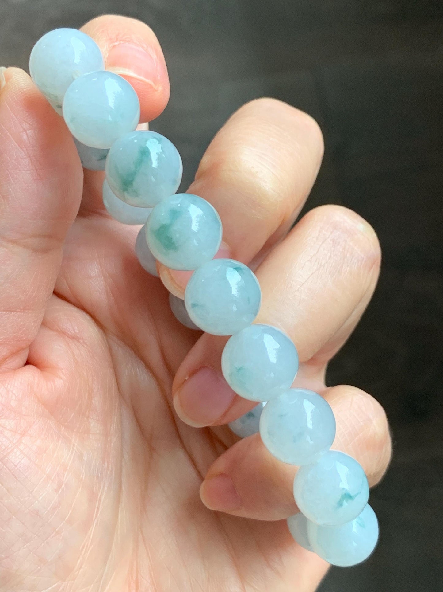 Certified Natural Grade A Icy Highly Translucent Green Marbled Jade Jadeite Large Beads Beaded Bracelet 11.8mm 8” 49g 天然白冰胶飘花翡翠大卡手串 453