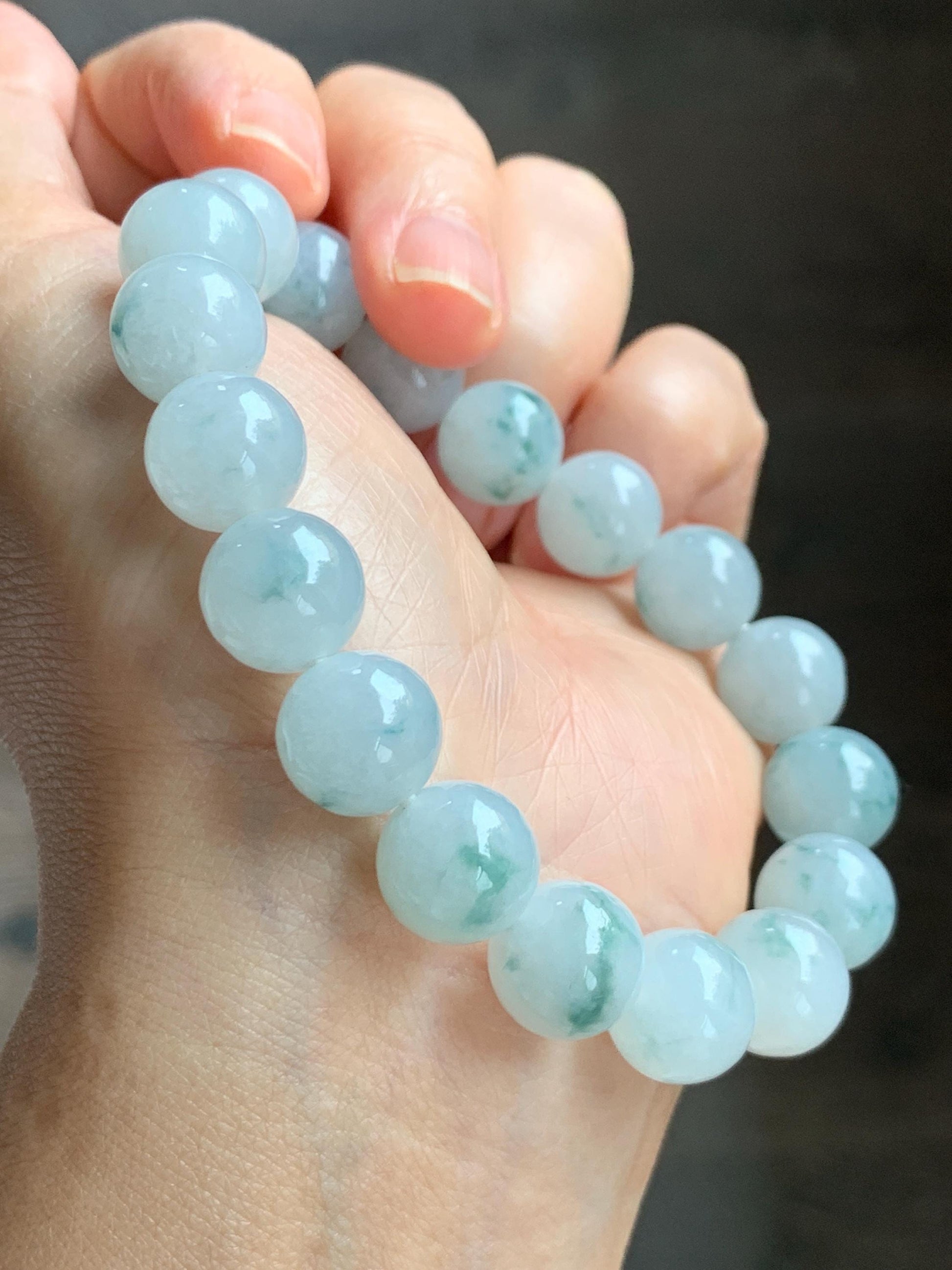 Certified Natural Grade A Icy Highly Translucent Green Marbled Jade Jadeite Large Beads Beaded Bracelet 11.8mm 8” 49g 天然白冰胶飘花翡翠大卡手串 453