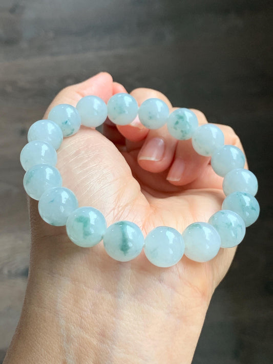 Certified Natural Grade A Icy Highly Translucent Green Marbled Jade Jadeite Large Beads Beaded Bracelet 11.8mm 8” 49g 天然白冰胶飘花翡翠大卡手串 453