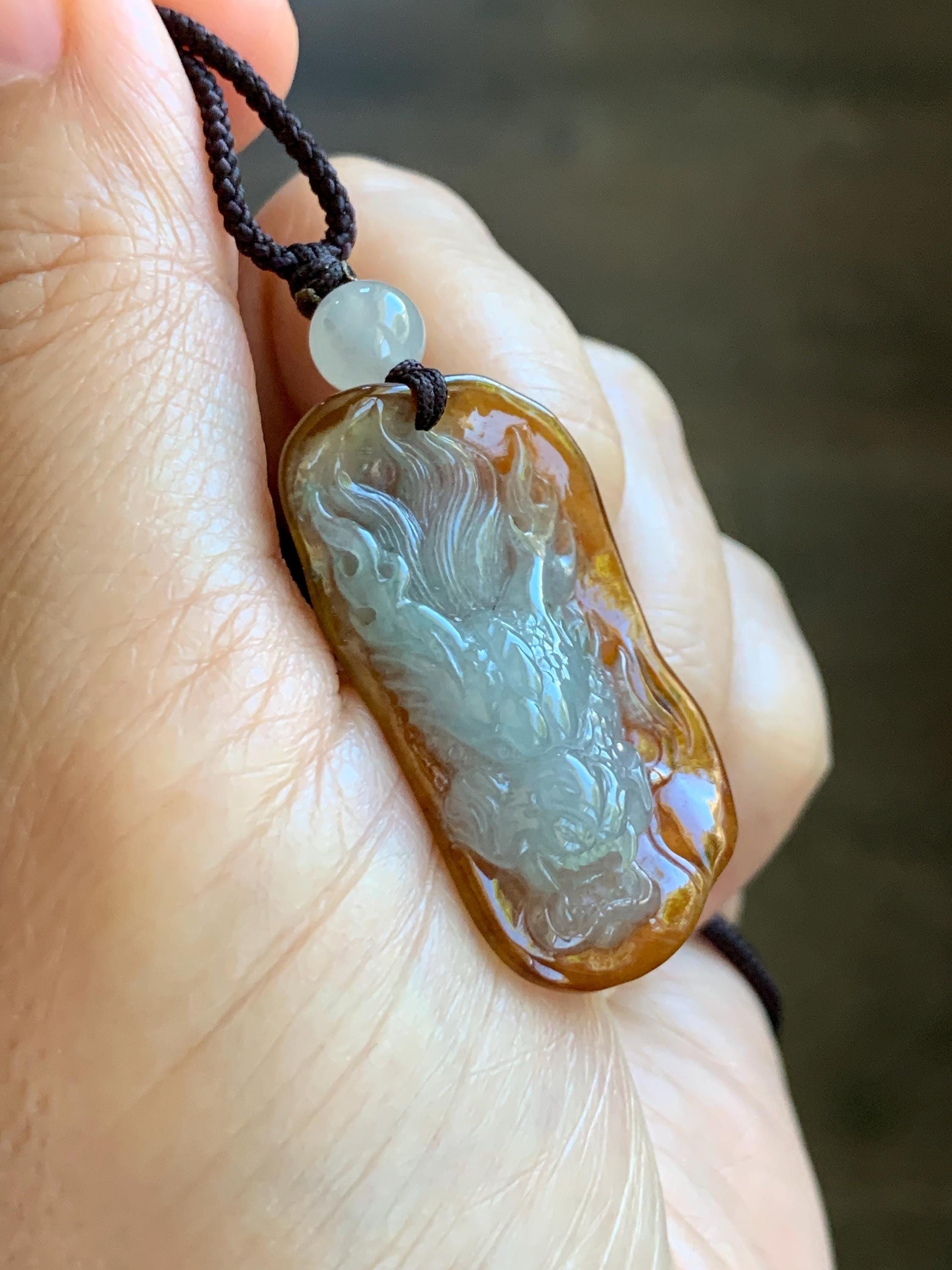 Certified Natural Grade A Icy Translucent Beige & Red Bicolored Jade Jadeite Carved Dragon Pendant Rope Necklace 24” 天然冰胶油红皮翡翠龙牌项链 443