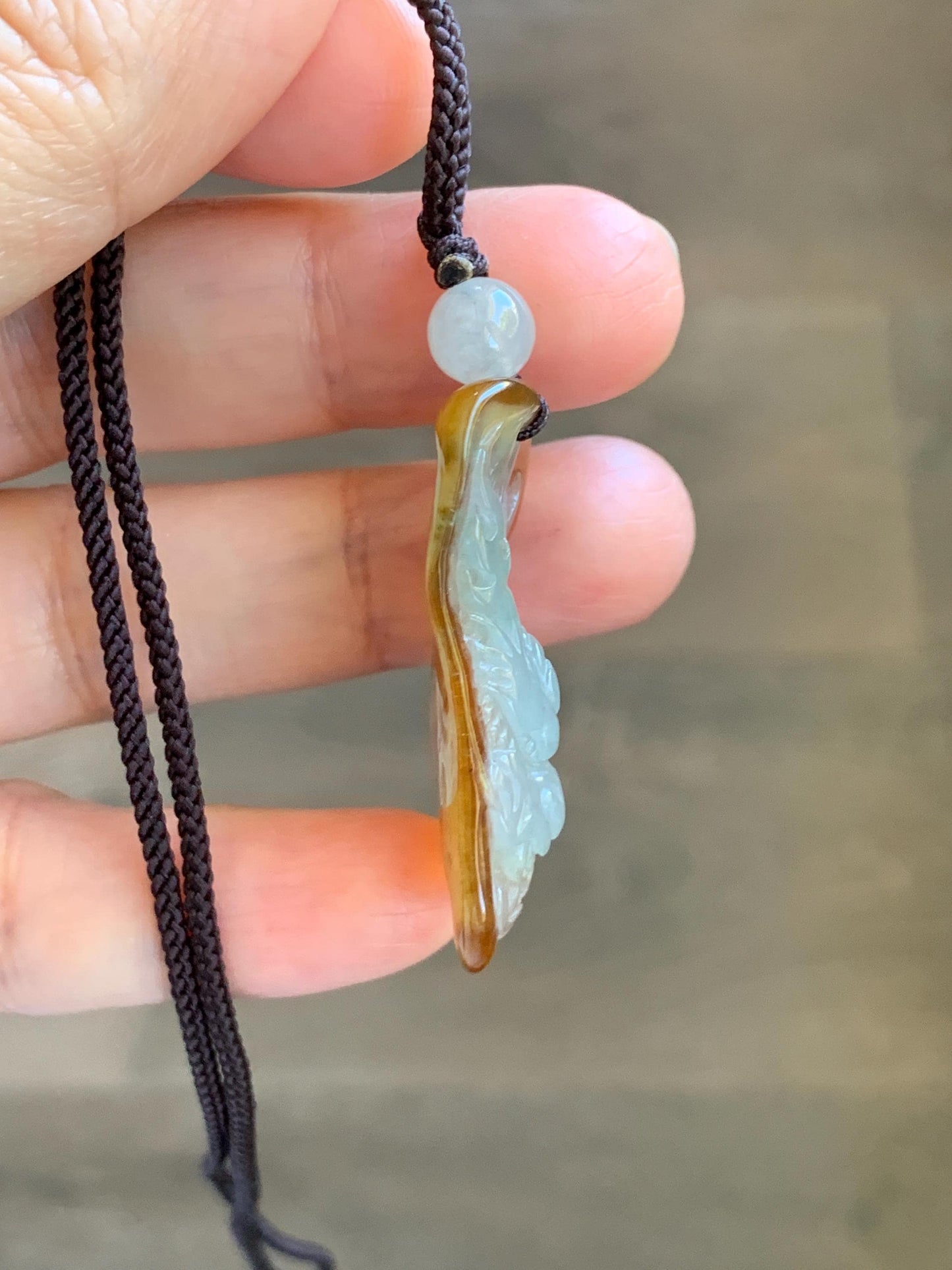 Certified Natural Grade A Icy Translucent Beige & Red Bicolored Jade Jadeite Carved Dragon Pendant Rope Necklace 24” 天然冰胶油红皮翡翠龙牌项链 443