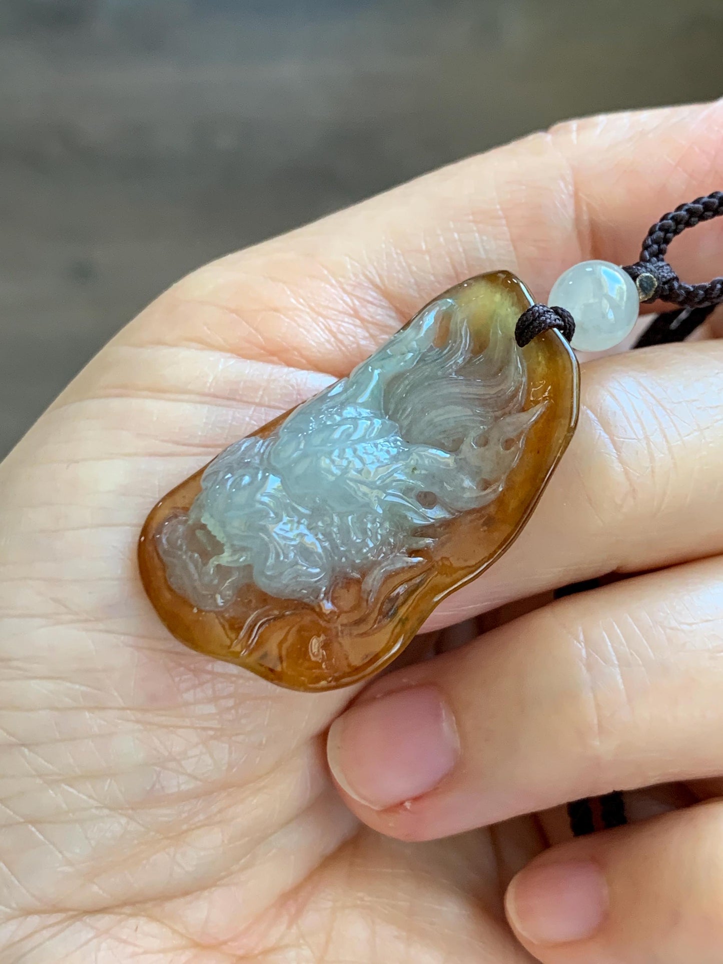 Certified Natural Grade A Icy Translucent Beige & Red Bicolored Jade Jadeite Carved Dragon Pendant Rope Necklace 24” 天然冰胶油红皮翡翠龙牌项链 443