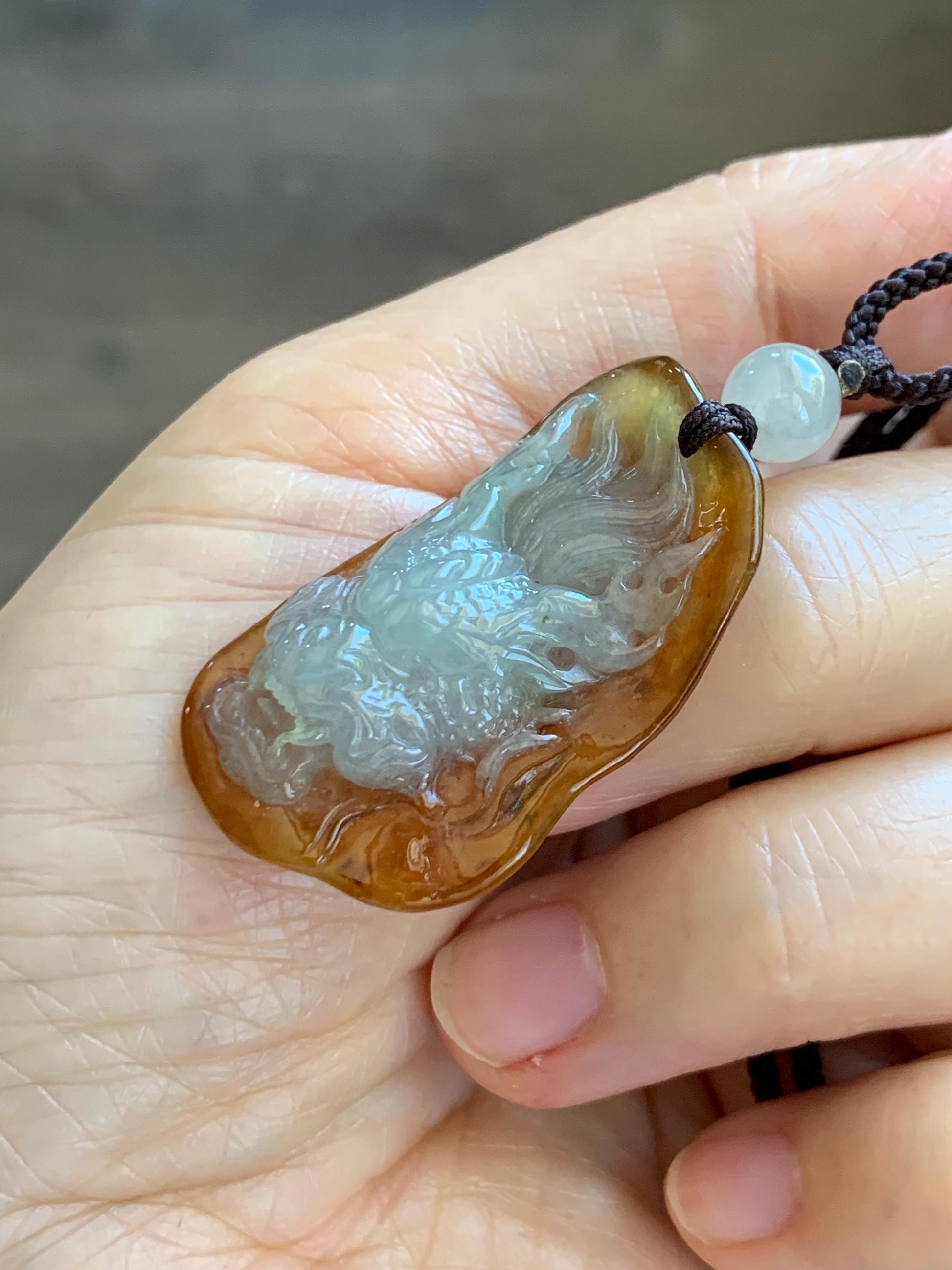 Certified Natural Grade A Icy Translucent Beige & Red Bicolored Jade Jadeite Carved Dragon Pendant Rope Necklace 24” 天然冰胶油红皮翡翠龙牌项链 443