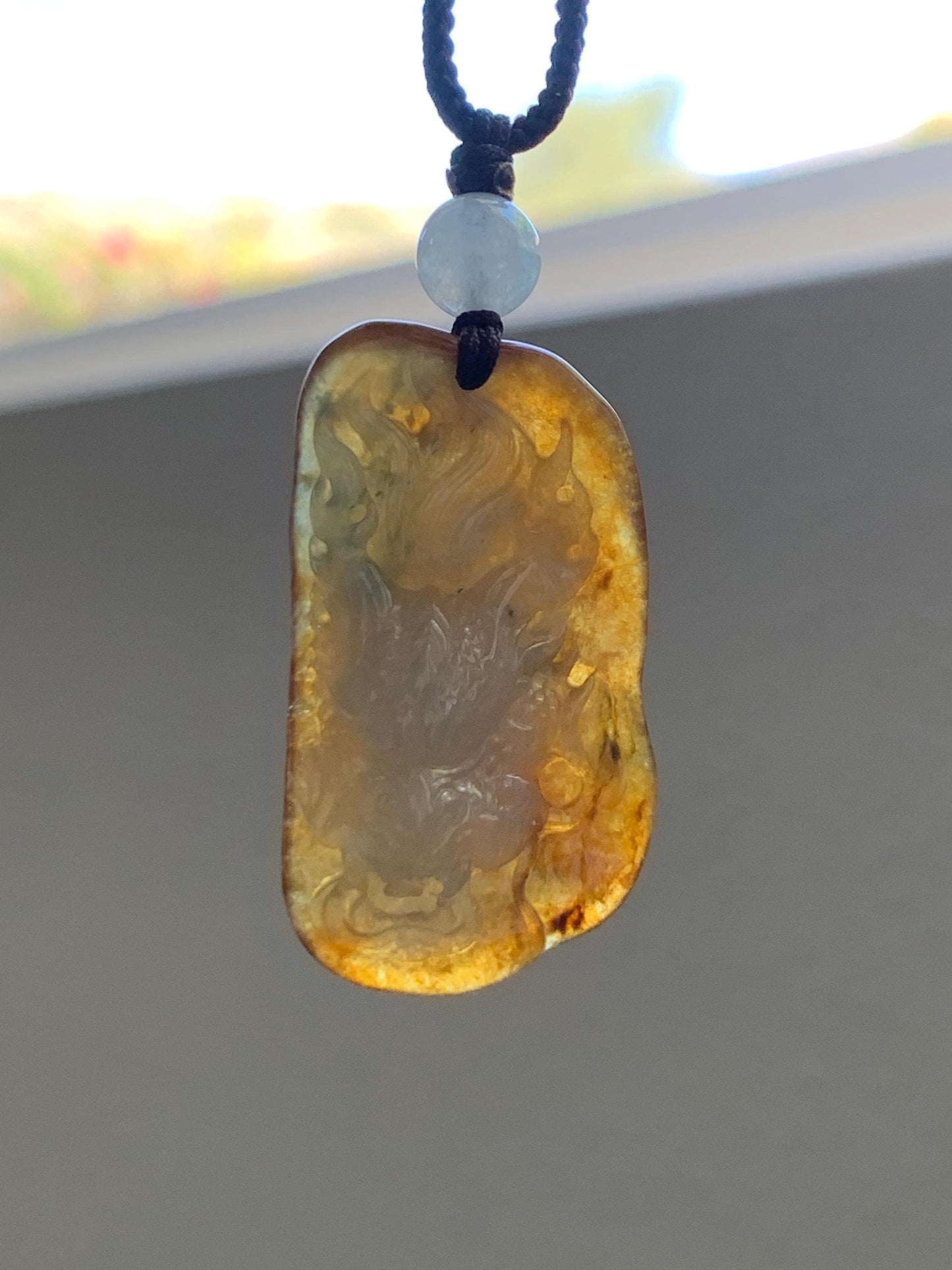 Certified Natural Grade A Icy Translucent Beige & Red Bicolored Jade Jadeite Carved Dragon Pendant Rope Necklace 24” 天然冰胶油红皮翡翠龙牌项链 443
