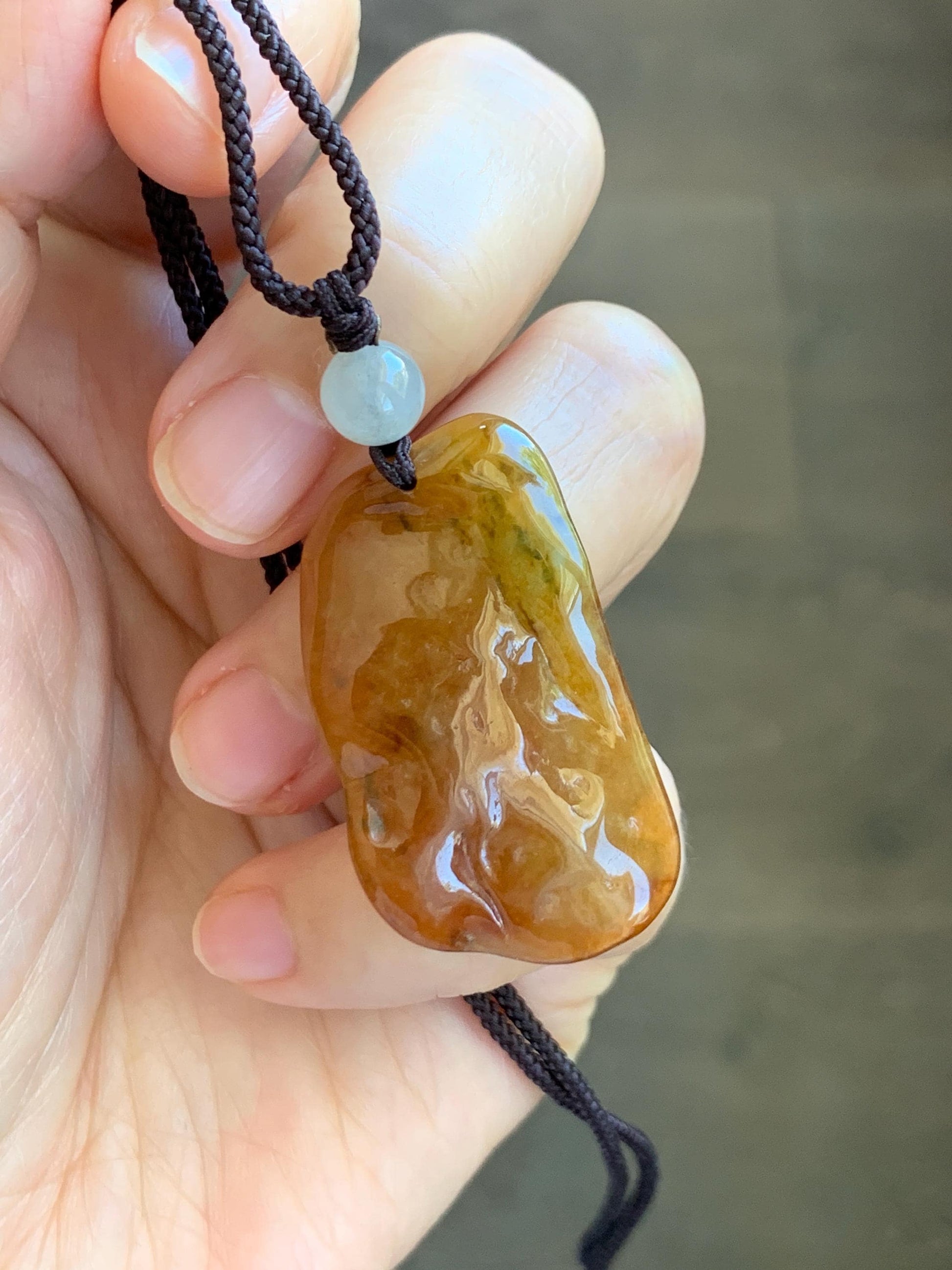 Certified Natural Grade A Icy Translucent Beige & Red Bicolored Jade Jadeite Carved Dragon Pendant Rope Necklace 24” 天然冰胶油红皮翡翠龙牌项链 443