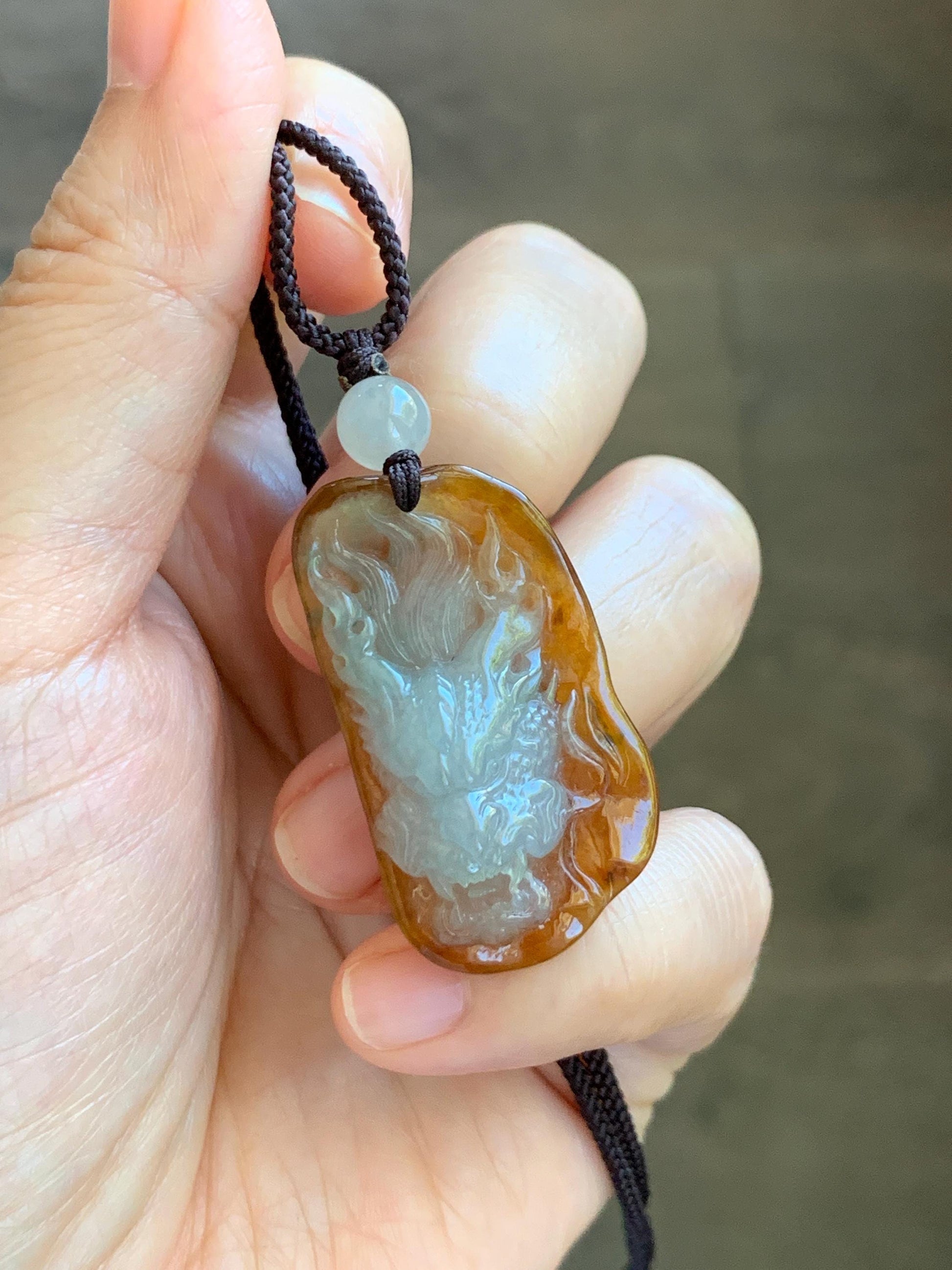 Certified Natural Grade A Icy Translucent Beige & Red Bicolored Jade Jadeite Carved Dragon Pendant Rope Necklace 24” 天然冰胶油红皮翡翠龙牌项链 443