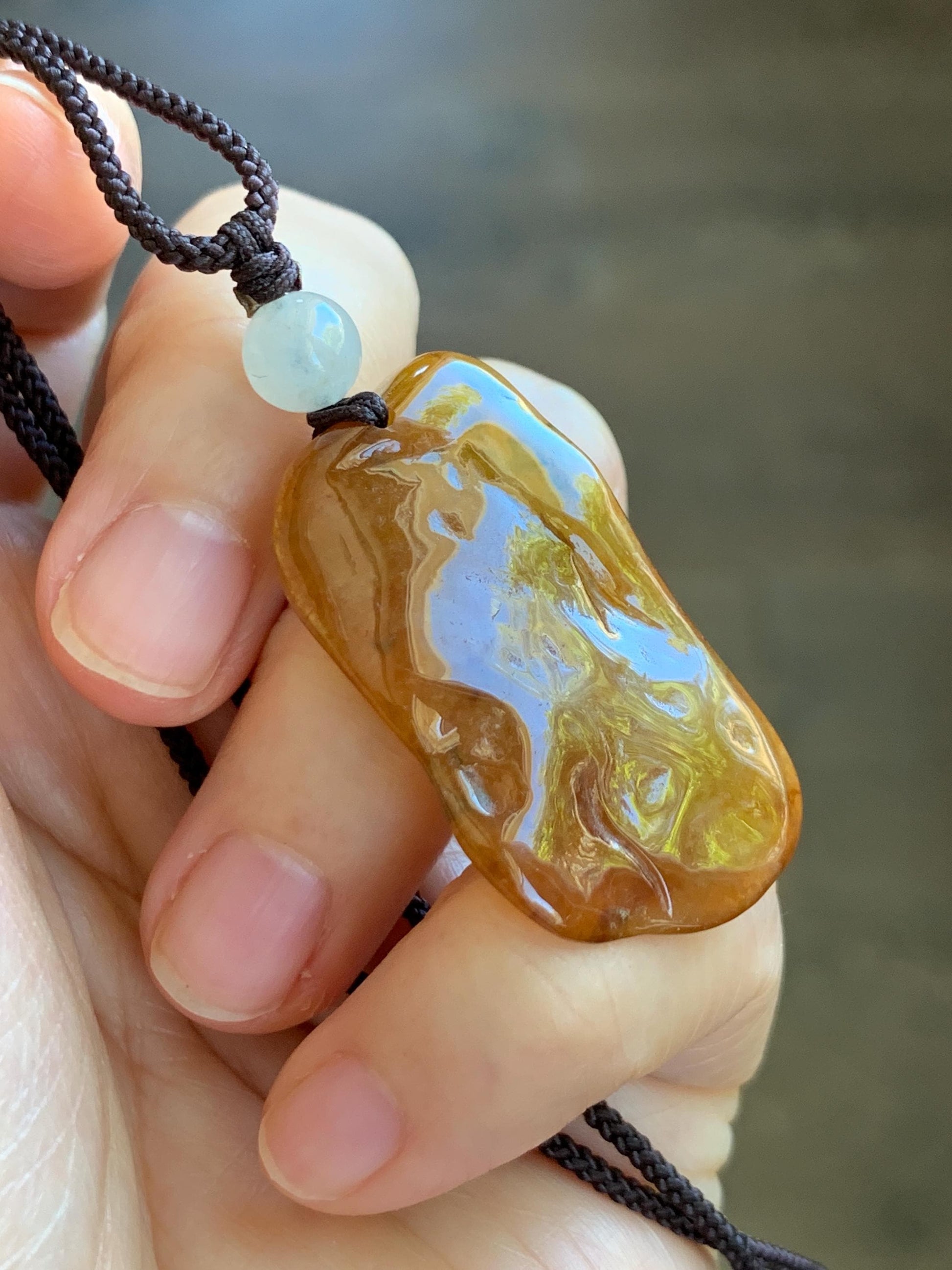 Certified Natural Grade A Icy Translucent Beige & Red Bicolored Jade Jadeite Carved Dragon Pendant Rope Necklace 24” 天然冰胶油红皮翡翠龙牌项链 443
