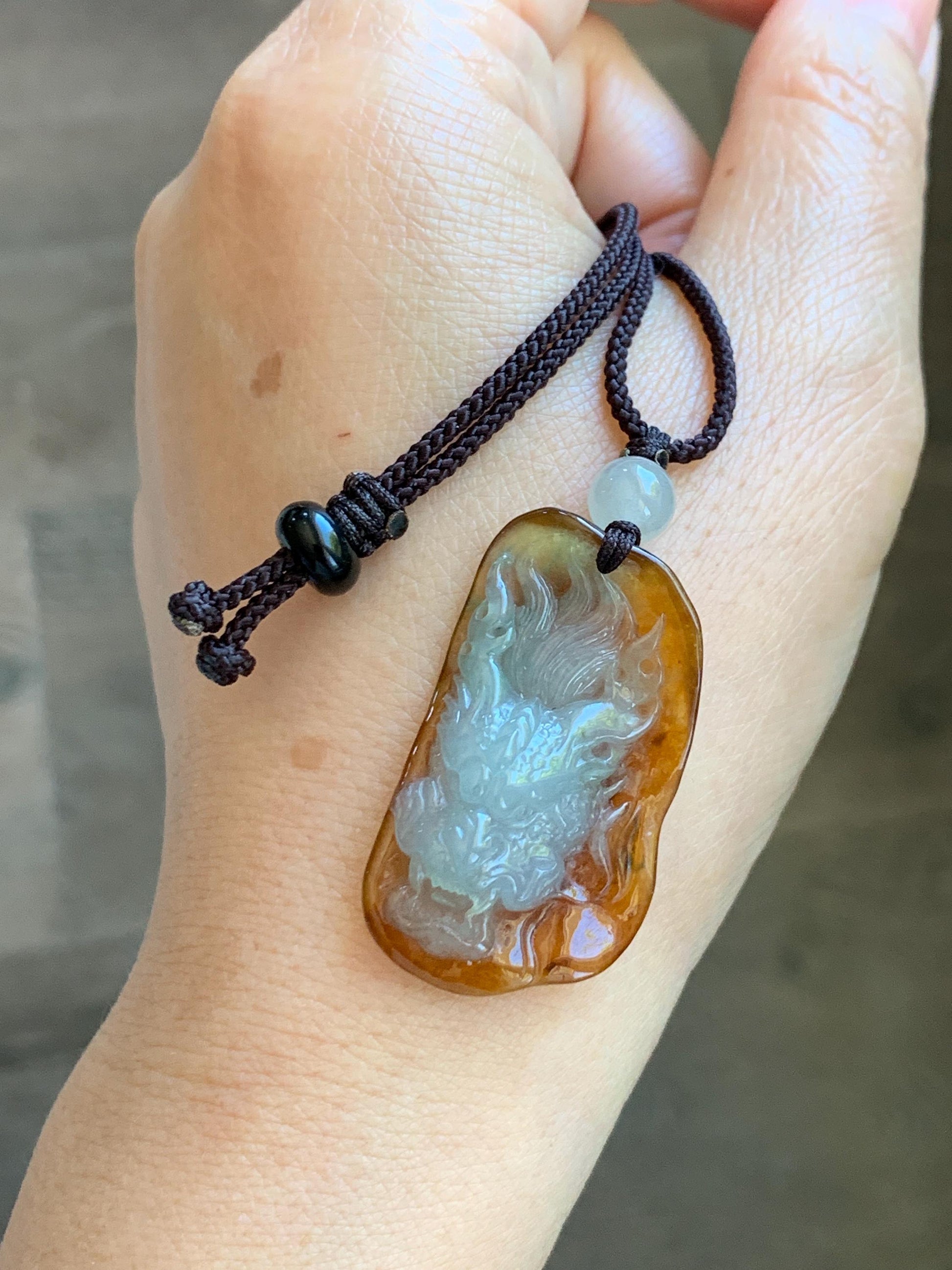 Certified Natural Grade A Icy Translucent Beige & Red Bicolored Jade Jadeite Carved Dragon Pendant Rope Necklace 24” 天然冰胶油红皮翡翠龙牌项链 443