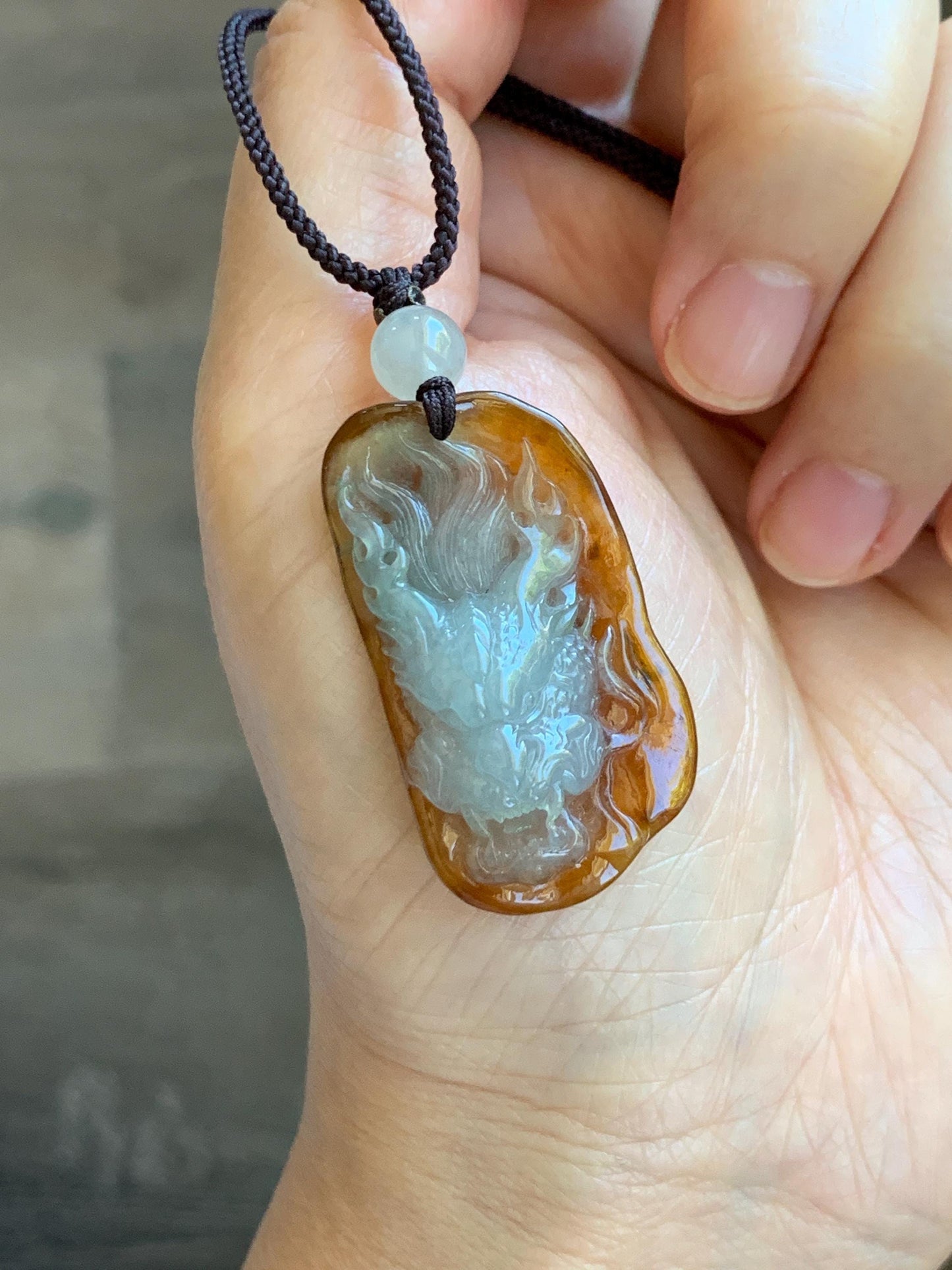 Certified Natural Grade A Icy Translucent Beige & Red Bicolored Jade Jadeite Carved Dragon Pendant Rope Necklace 24” 天然冰胶油红皮翡翠龙牌项链 443
