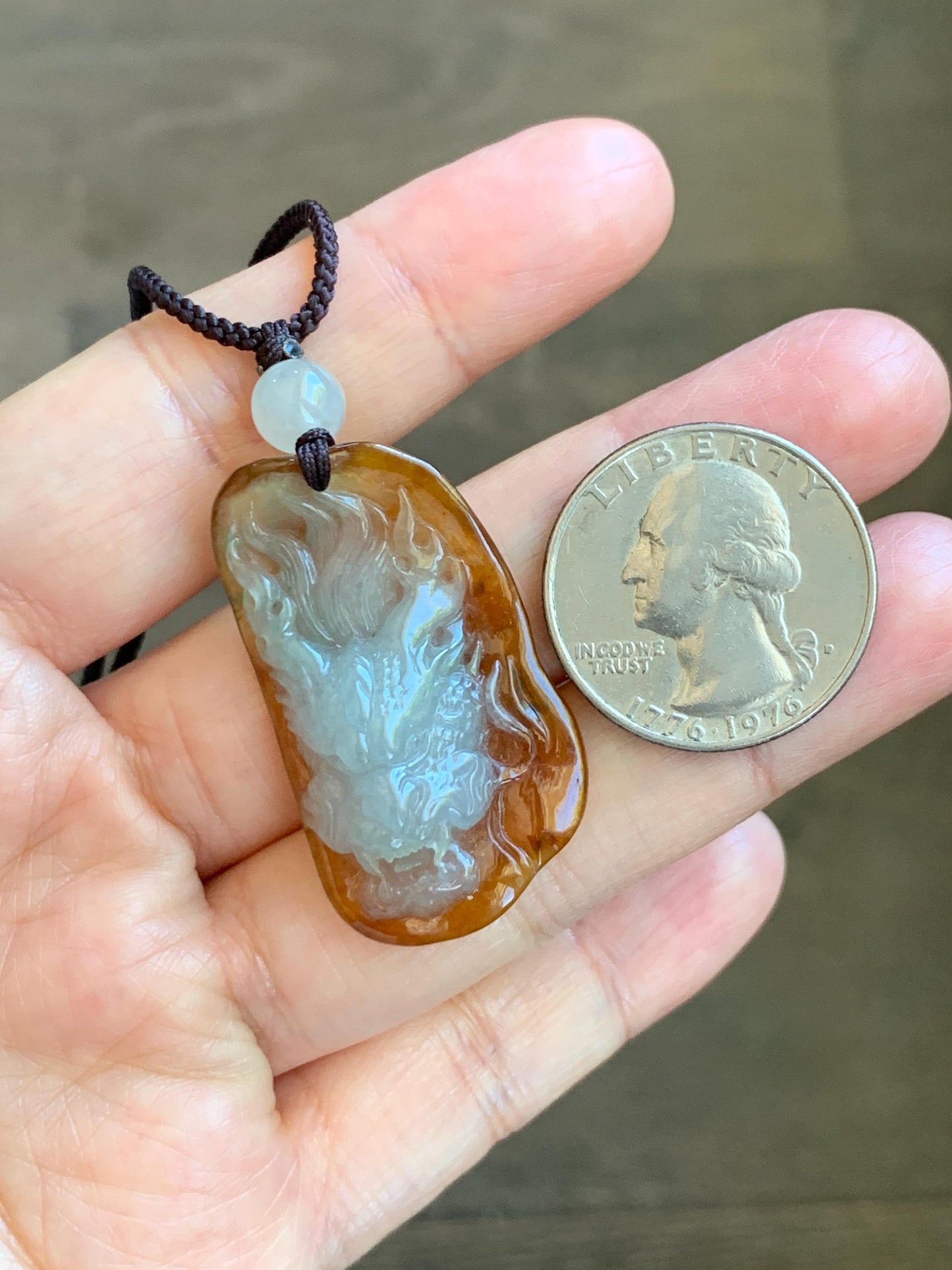 Certified Natural Grade A Icy Translucent Beige & Red Bicolored Jade Jadeite Carved Dragon Pendant Rope Necklace 24” 天然冰胶油红皮翡翠龙牌项链 443