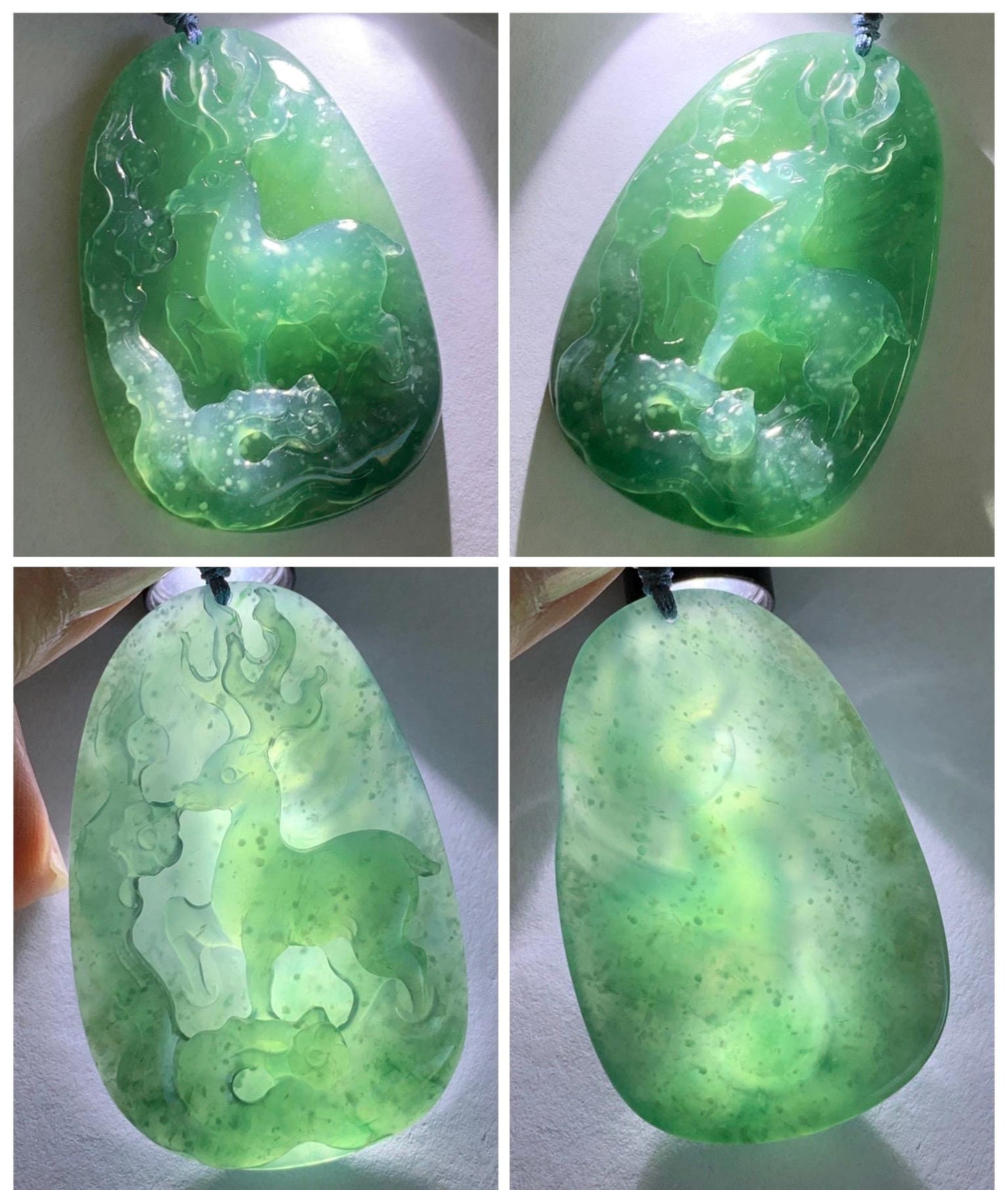 Natural Grade A Guatemalan Icy Translucent Dark Teal Blue Jade Jadeite Deer Cherry Blossom Pendant Rope Necklace 27g 天然冰胶危蓝绿翡翠梅花鹿吊坠 WML220