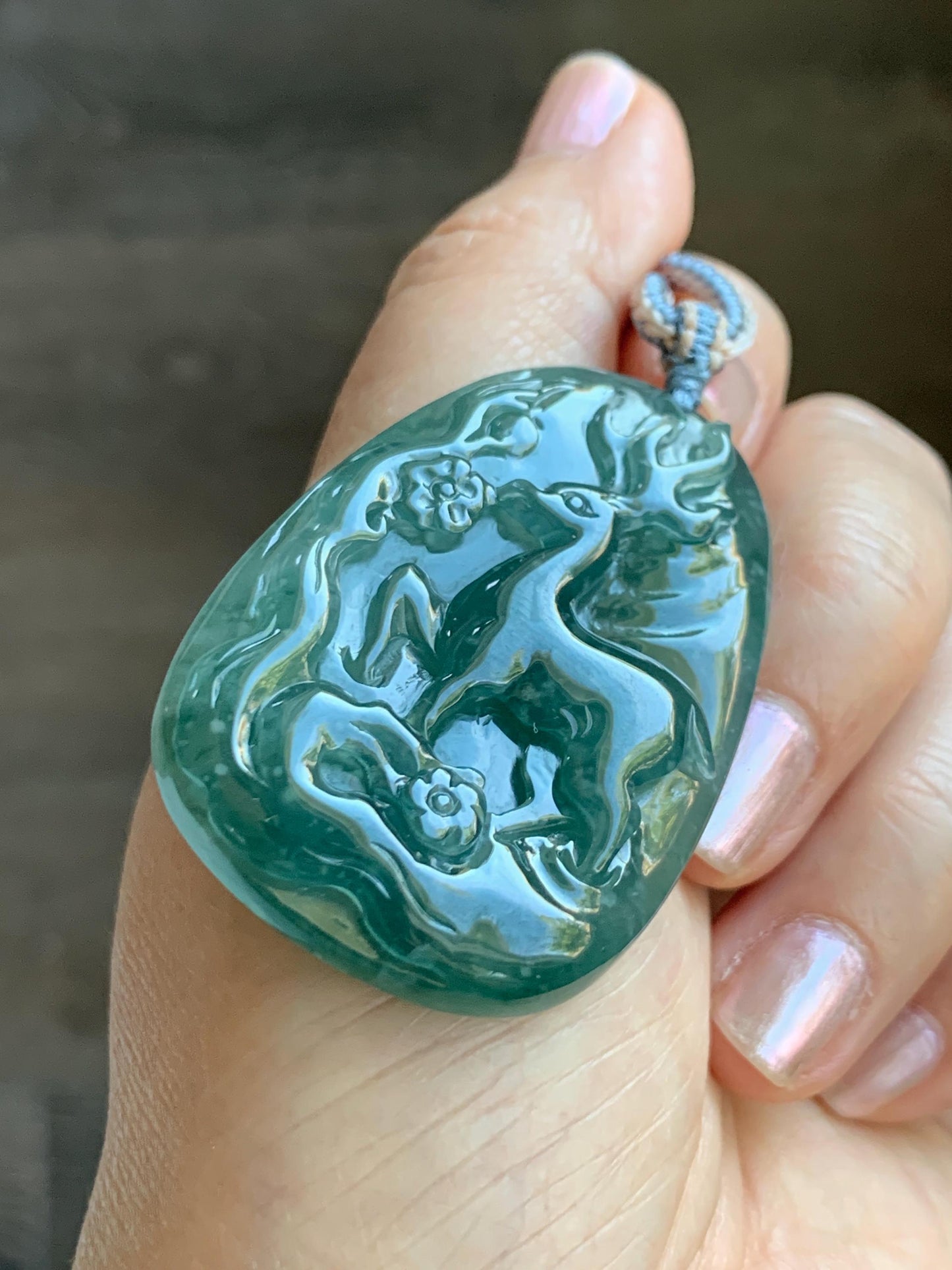 Natural Grade A Guatemalan Icy Translucent Dark Teal Blue Jade Jadeite Deer Cherry Blossom Pendant Rope Necklace 27g 天然冰胶危蓝绿翡翠梅花鹿吊坠 WML220