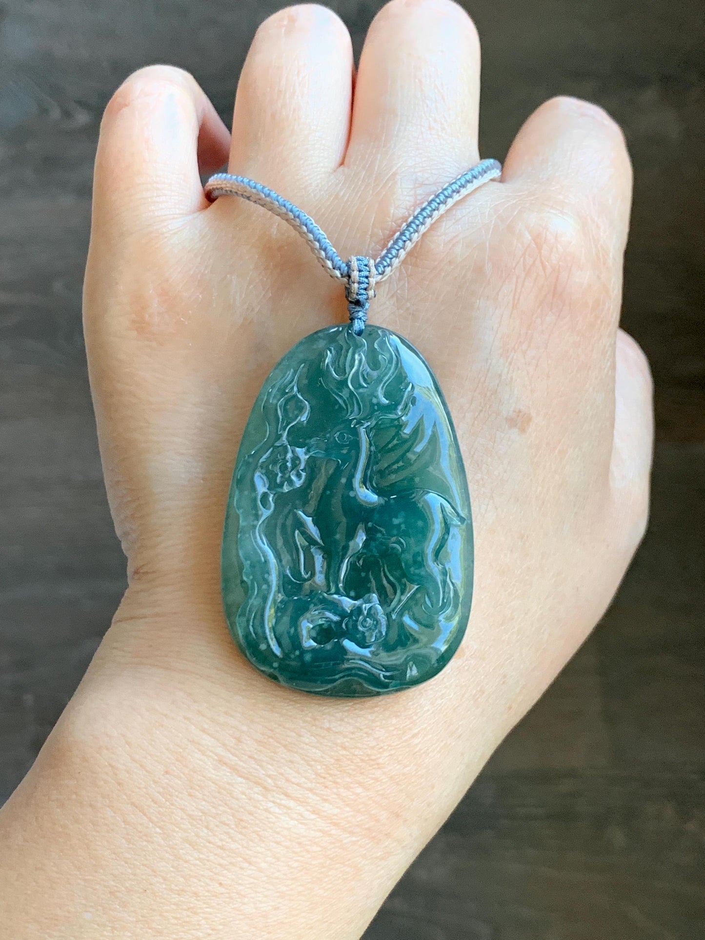 Natural Grade A Guatemalan Icy Translucent Dark Teal Blue Jade Jadeite Deer Cherry Blossom Pendant Rope Necklace 27g 天然冰胶危蓝绿翡翠梅花鹿吊坠 WML220