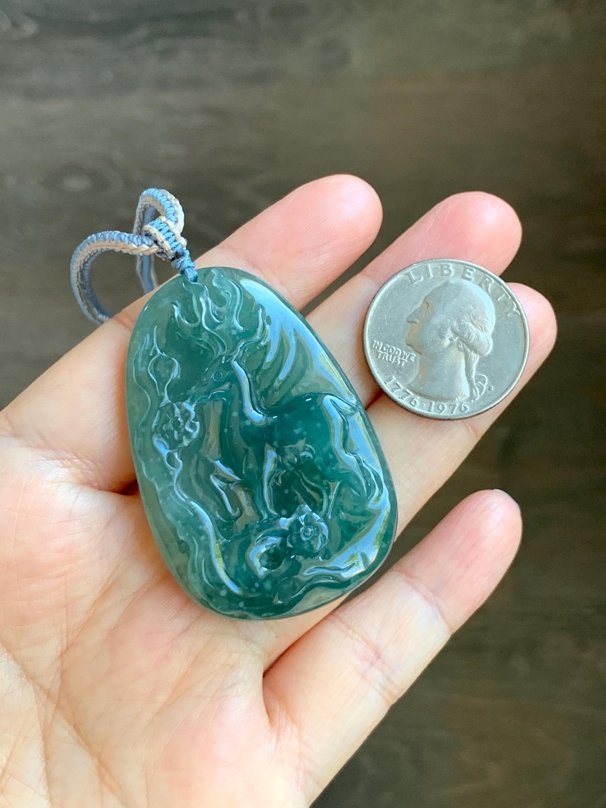 Natural Grade A Guatemalan Icy Translucent Dark Teal Blue Jade Jadeite Deer Cherry Blossom Pendant Rope Necklace 27g 天然冰胶危蓝绿翡翠梅花鹿吊坠 WML220