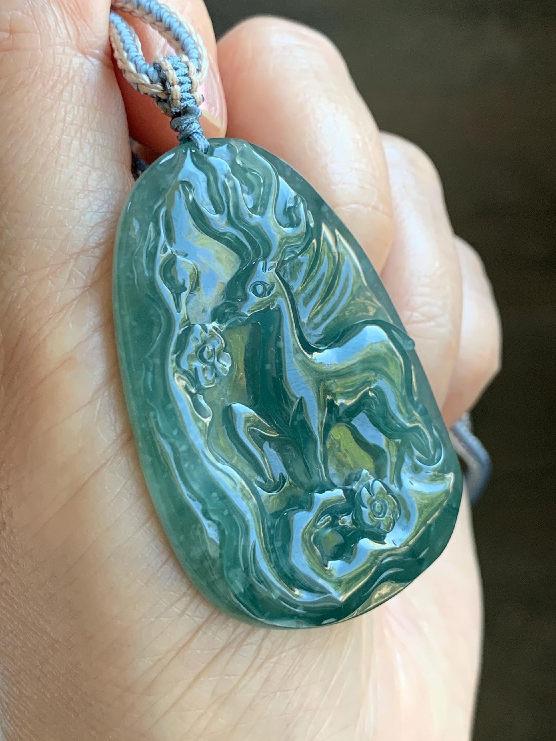 Natural Grade A Guatemalan Icy Translucent Dark Teal Blue Jade Jadeite Deer Cherry Blossom Pendant Rope Necklace 27g 天然冰胶危蓝绿翡翠梅花鹿吊坠 WML220